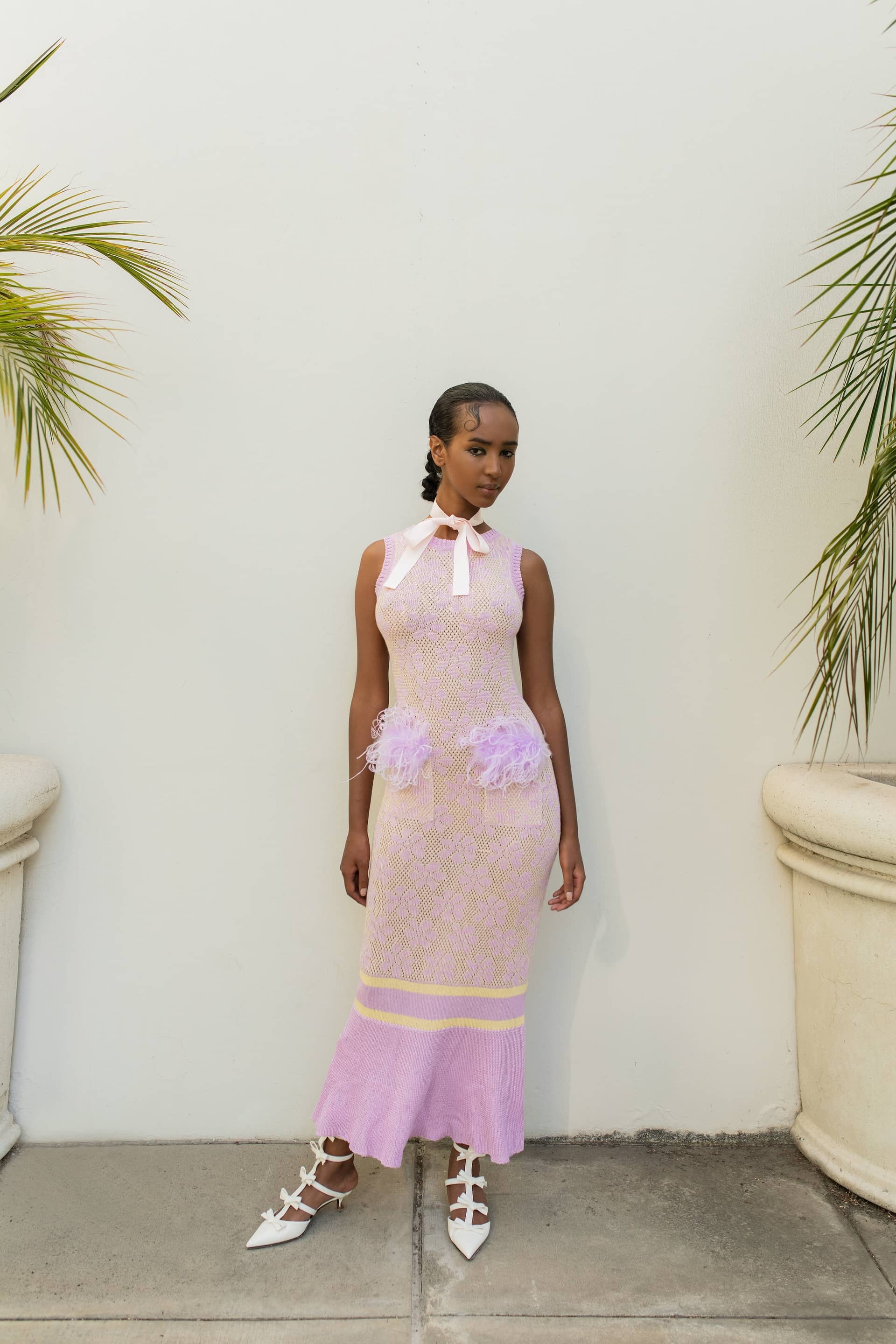 Lavender Knit Dress With Feathers Details made by ANDREEVA