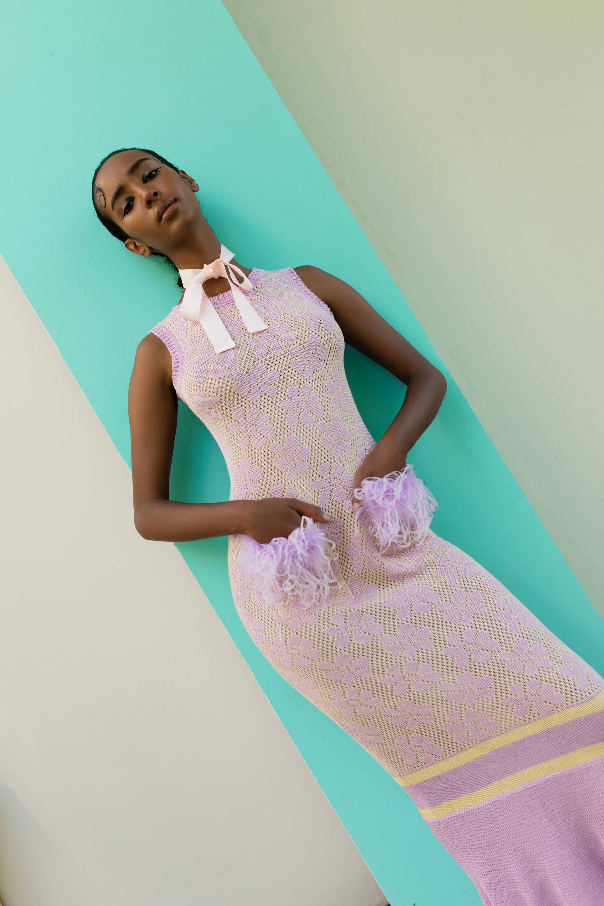 Lavender Knit Dress With Feathers Details made by ANDREEVA