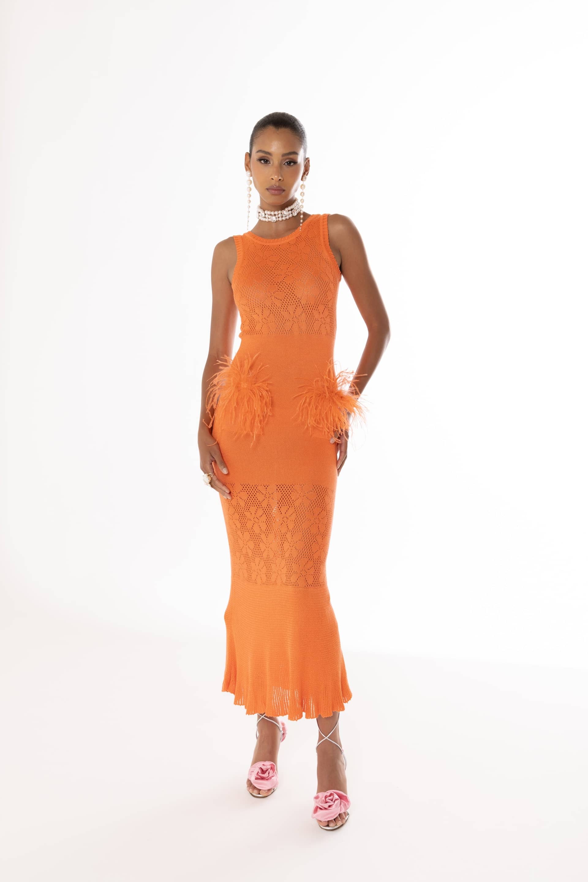 Vanilla Orange Knit Dress With Feathers made by ANDREEVA