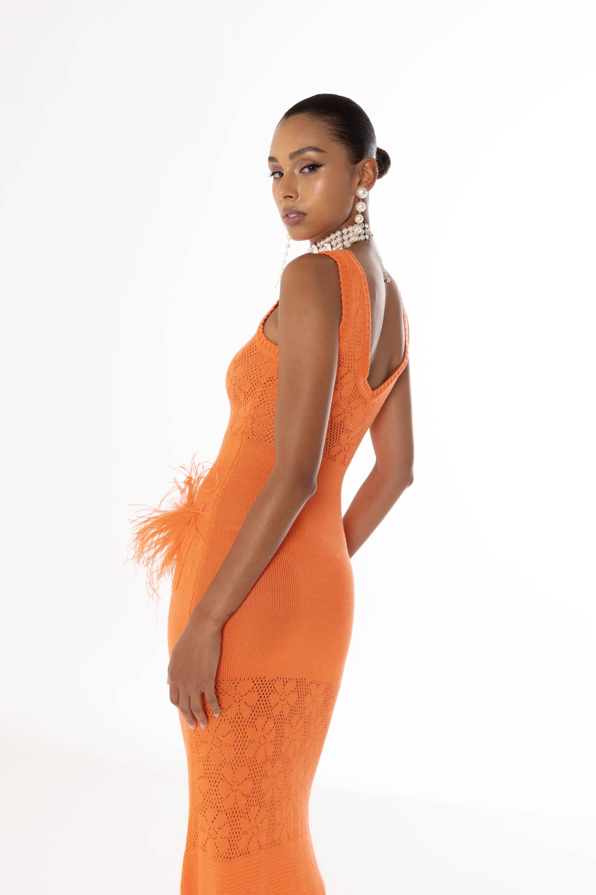 Vanilla Orange Knit Dress With Feathers made by ANDREEVA
