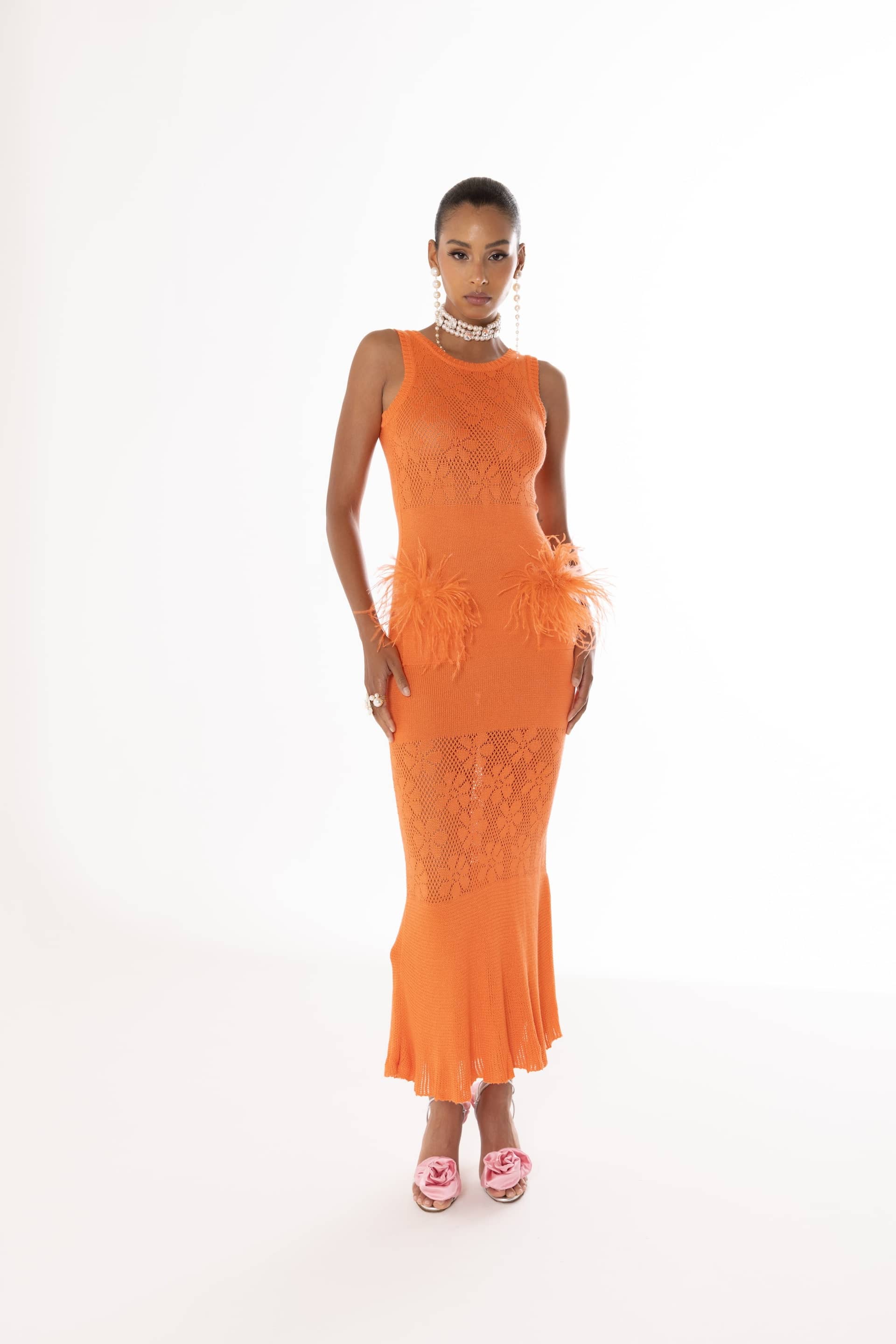 Vanilla Orange Knit Dress With Feathers made by ANDREEVA