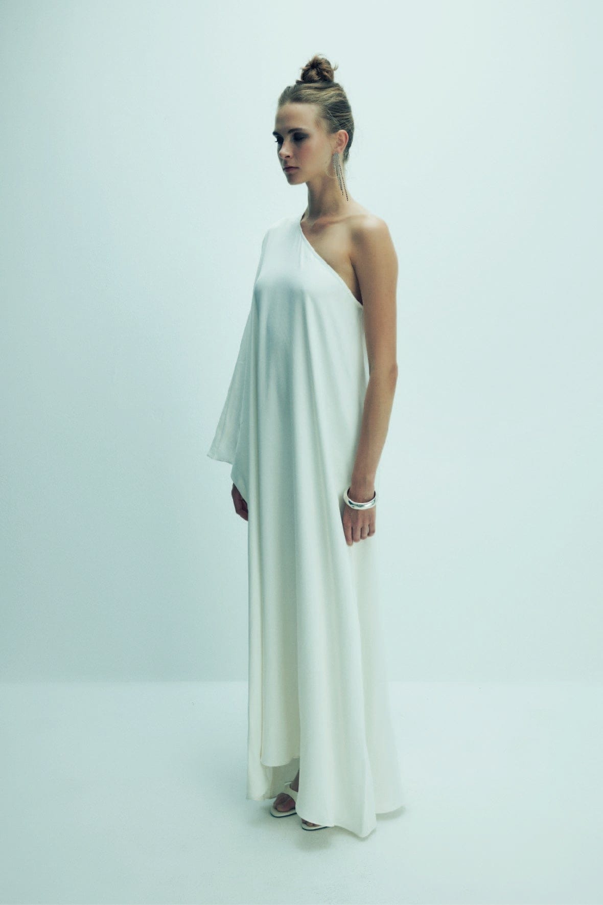 Venus One-Shoulder Satin Maxi Dress in White Swan made by Nazli Ceren