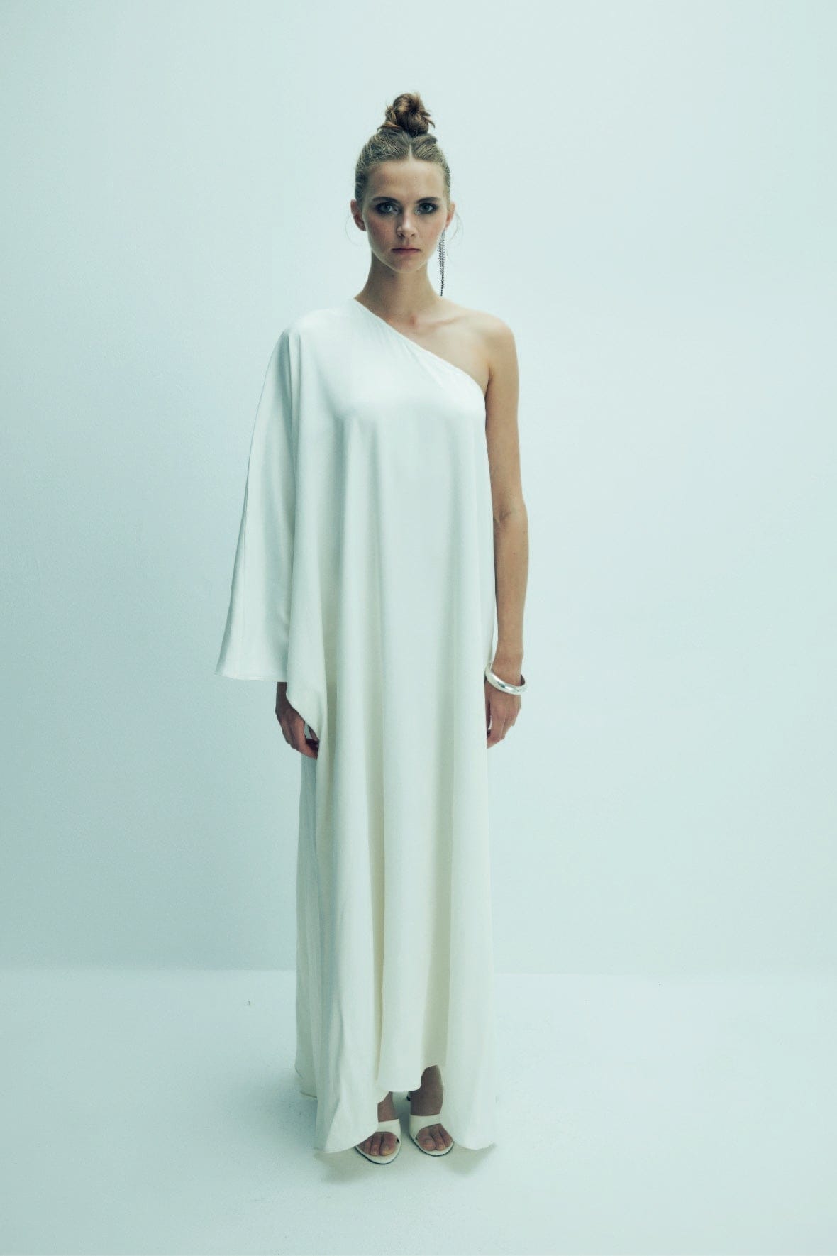Venus One-Shoulder Satin Maxi Dress in White Swan made by Nazli Ceren