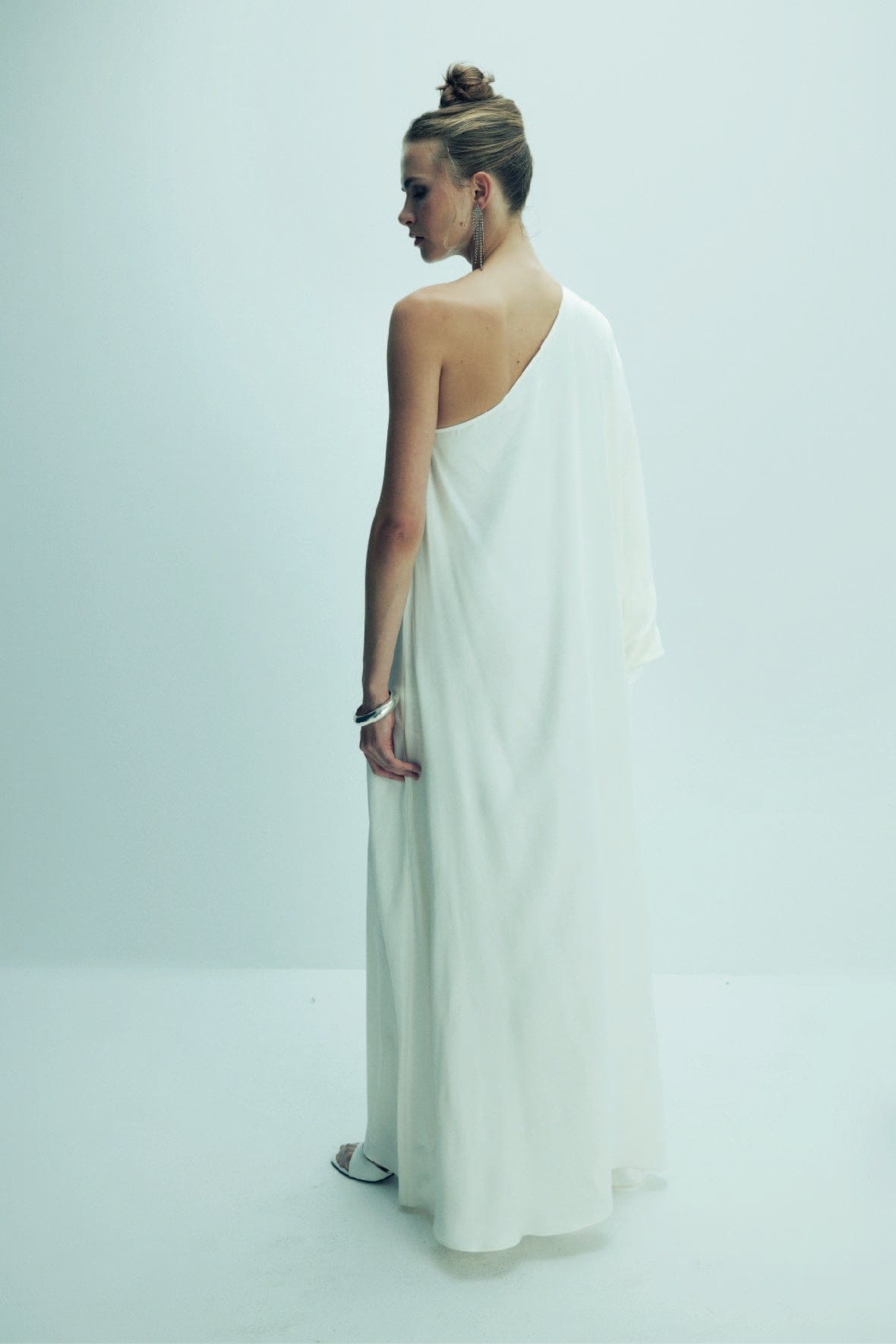 Venus One-Shoulder Satin Maxi Dress in White Swan made by Nazli Ceren