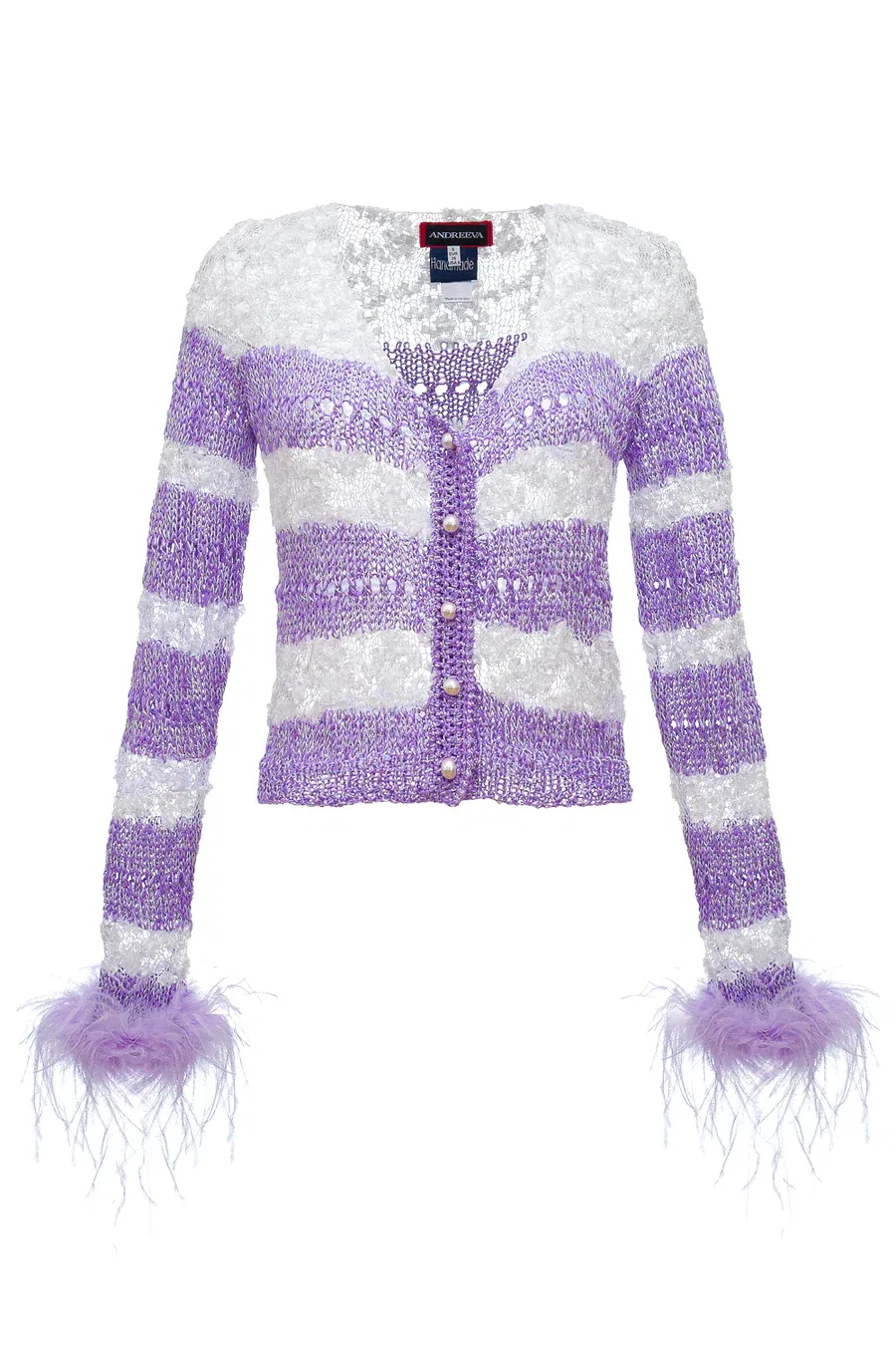 Mint Handmade Knit Sweater With Detachable Feather Details On The Cuffs and Pearl Buttons in Purple made by ANDREEVA