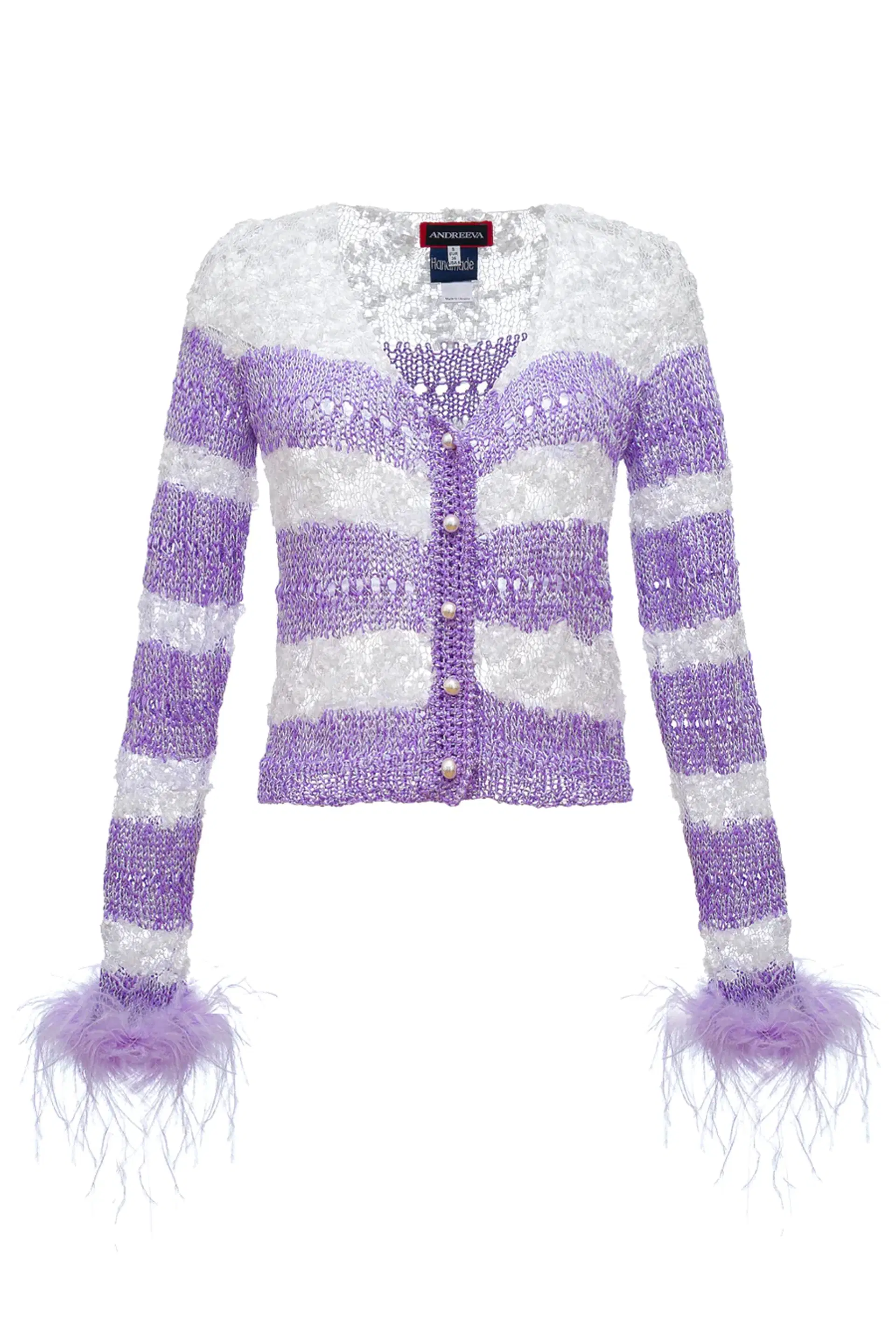 Mint Handmade Knit Sweater With Detachable Feather Details On The Cuffs and Pearl Buttons in Purple made by ANDREEVA