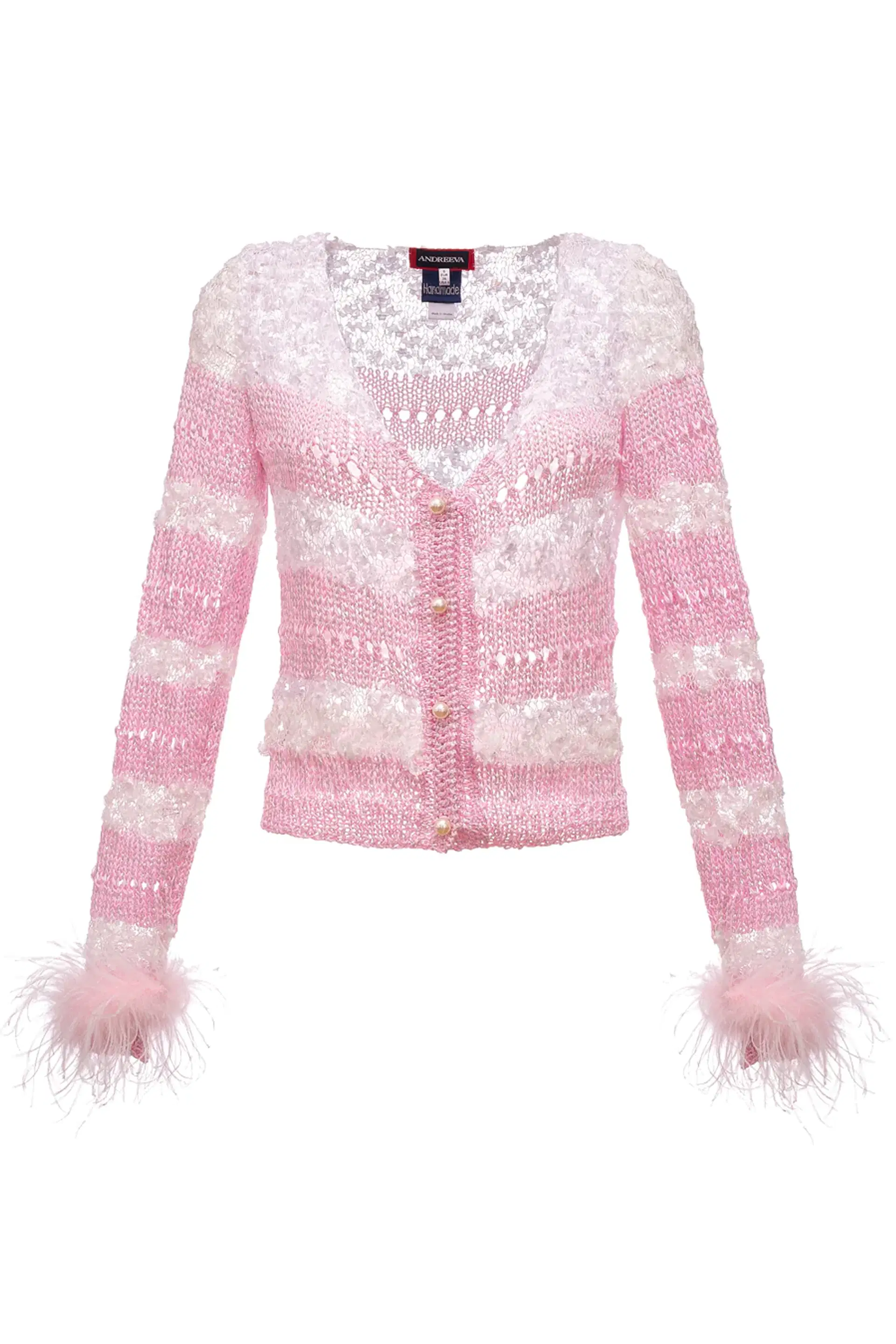 Mint Handmade Knit Sweater With Detachable Feather Details On The Cuffs and Pearl Buttons in Pink made by ANDREEVA