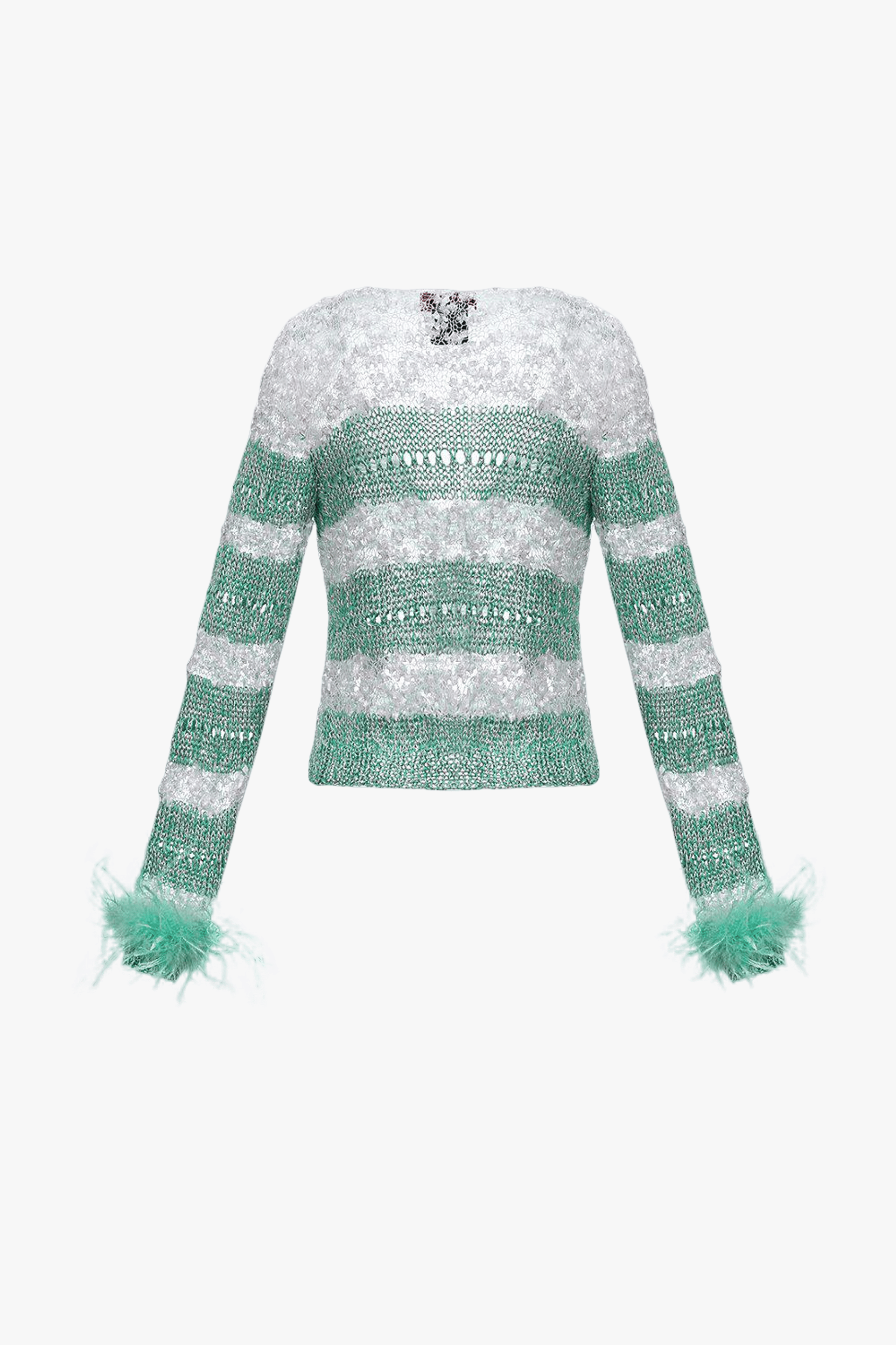 Mint Handmade Knit Sweater With Detachable Feather Details On The Cuffs and Pearl Buttons in Blue made by ANDREEVA