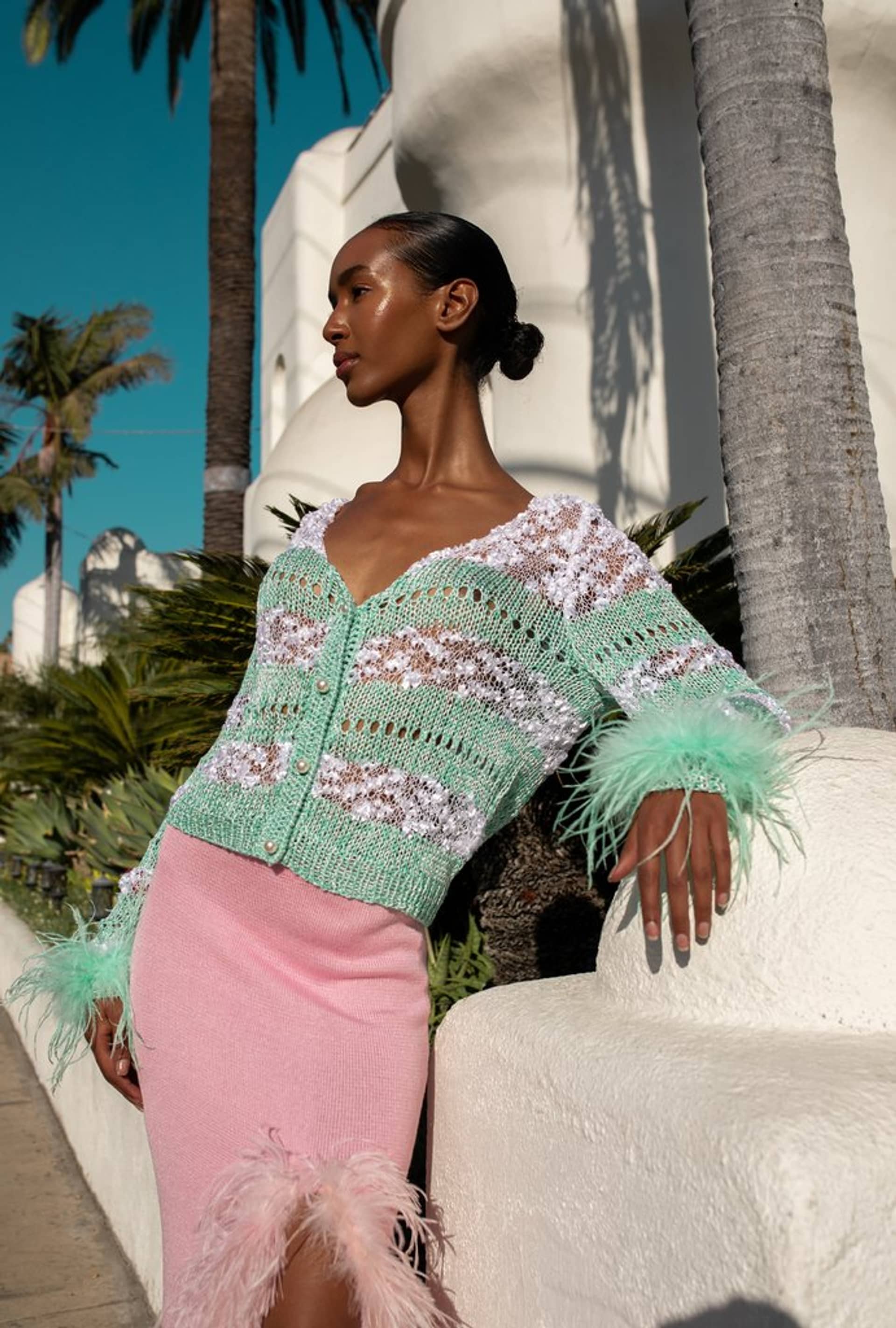 Mint Handmade Knit Sweater With Detachable Feather Details On The Cuffs and Pearl Buttons in Blue made by ANDREEVA