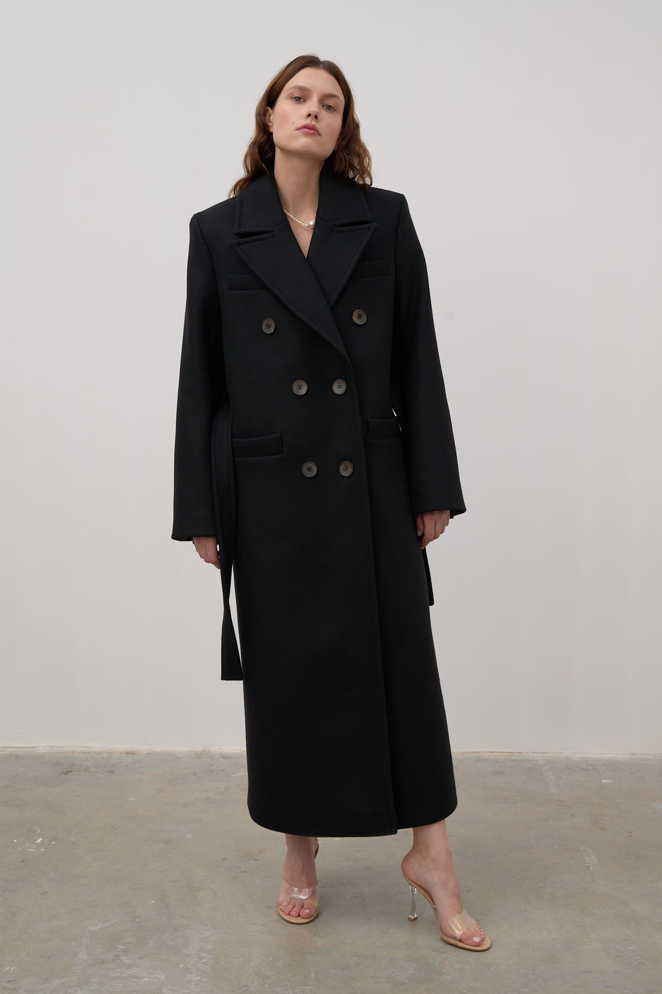Double-breasted wool coat made by Karen Arcanjo