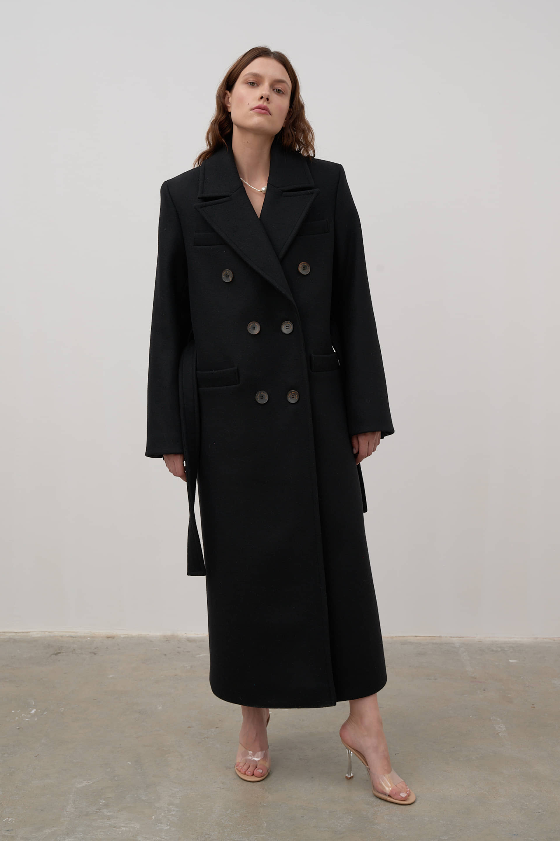 Double-breasted wool coat made by Karen Arcanjo