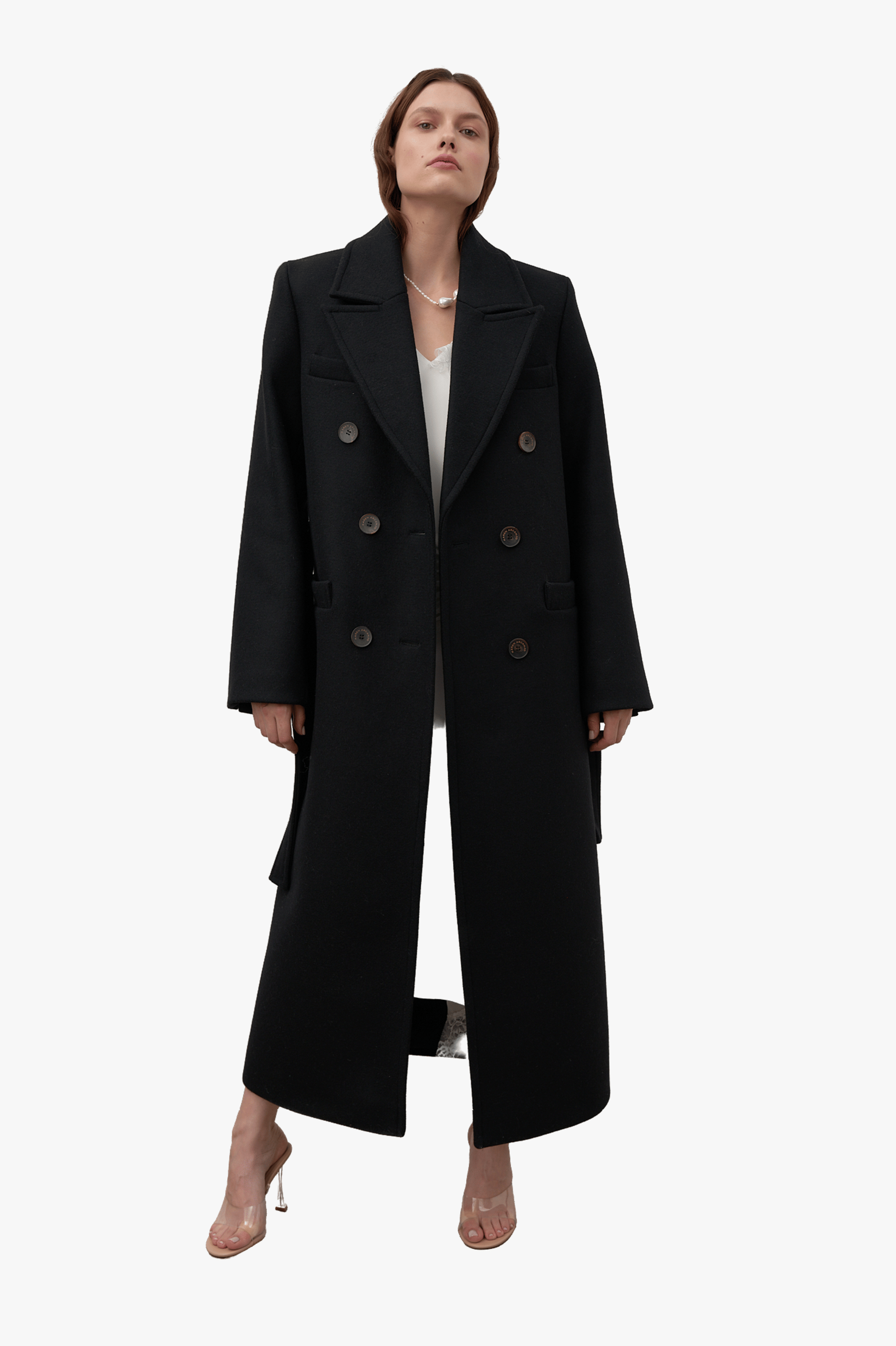 Double-breasted wool coat made by Karen Arcanjo