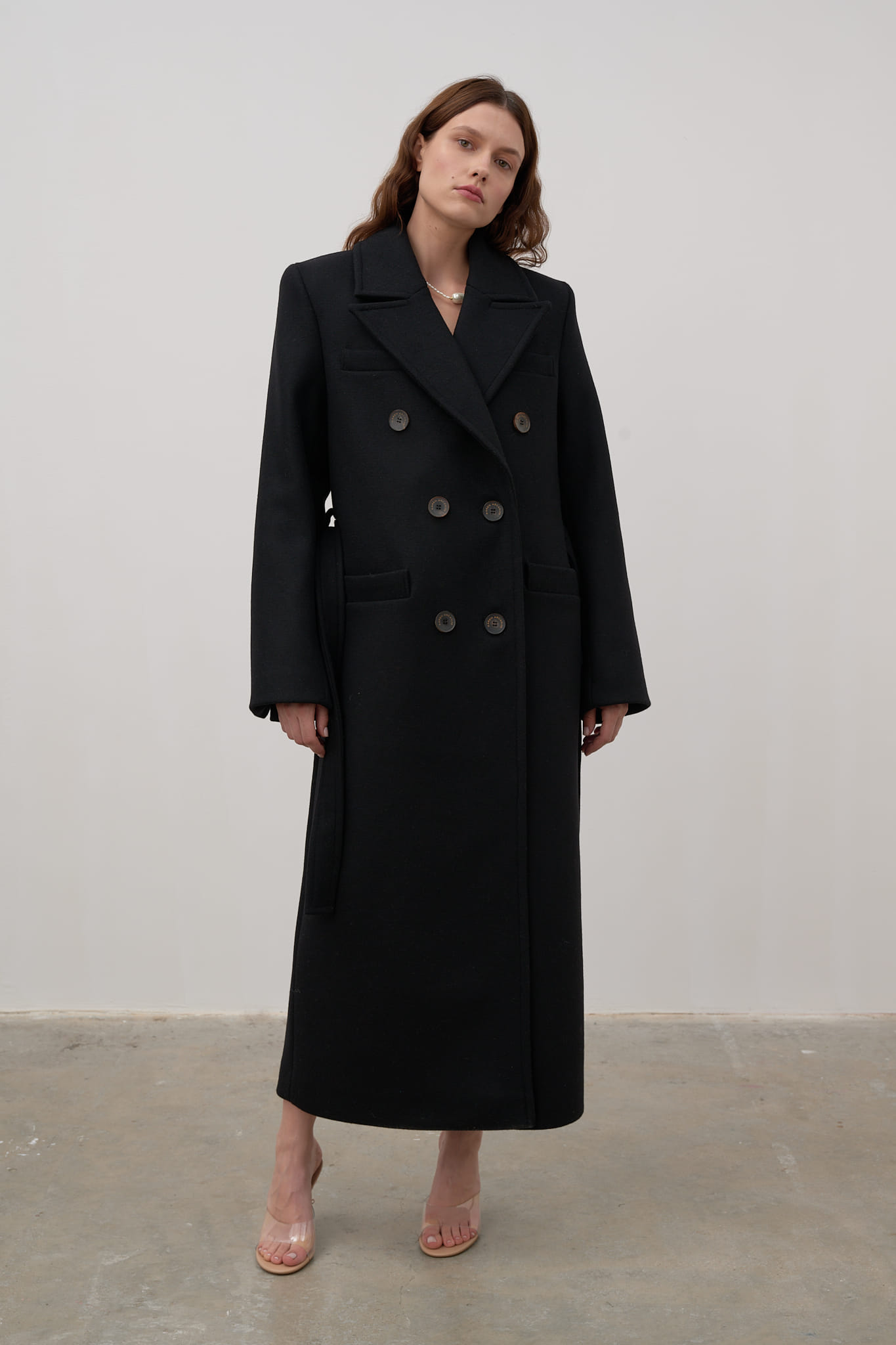 Double-breasted wool coat made by Karen Arcanjo