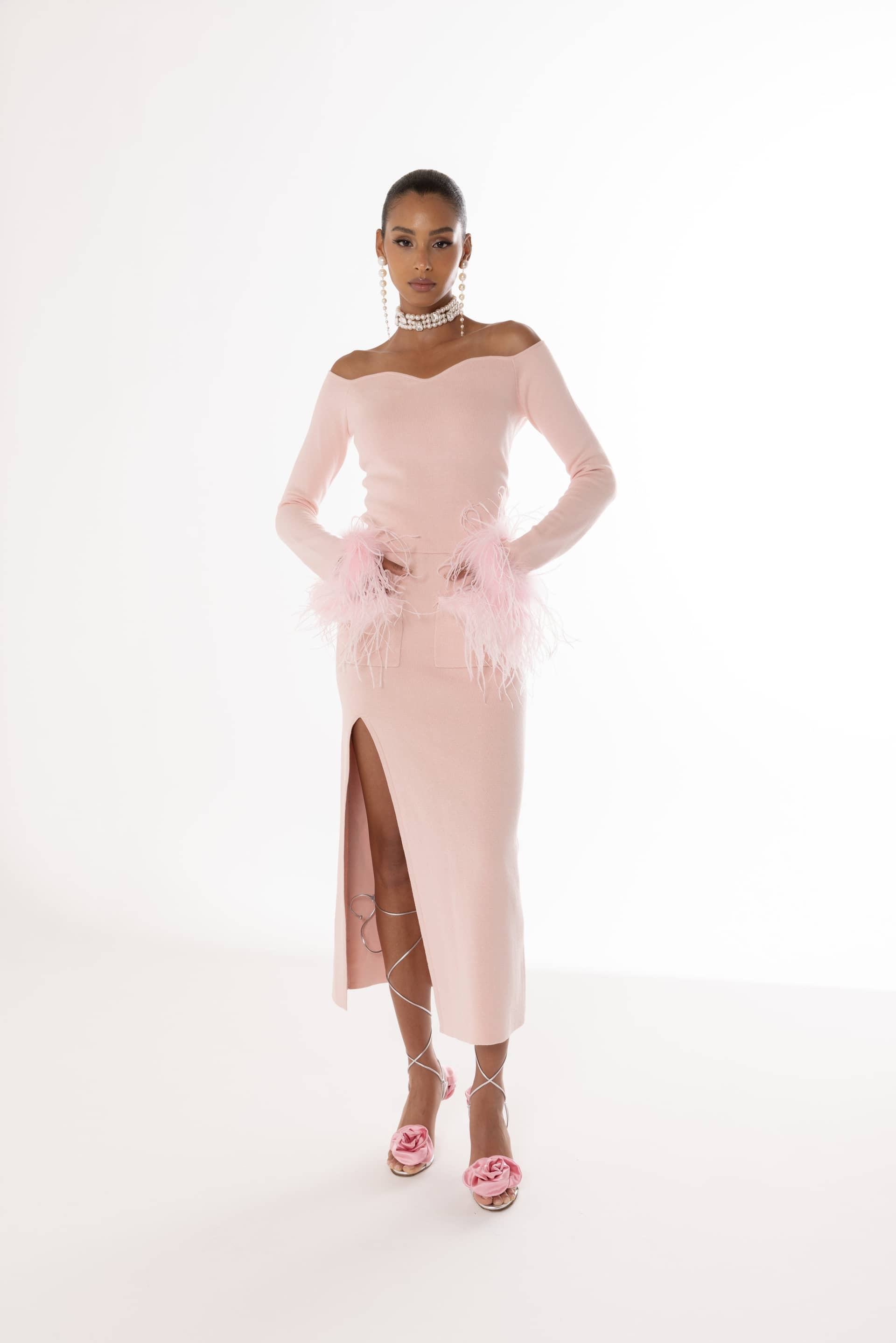 Pink Vanilla Knit Skirt With Feathers made by ANDREEVA