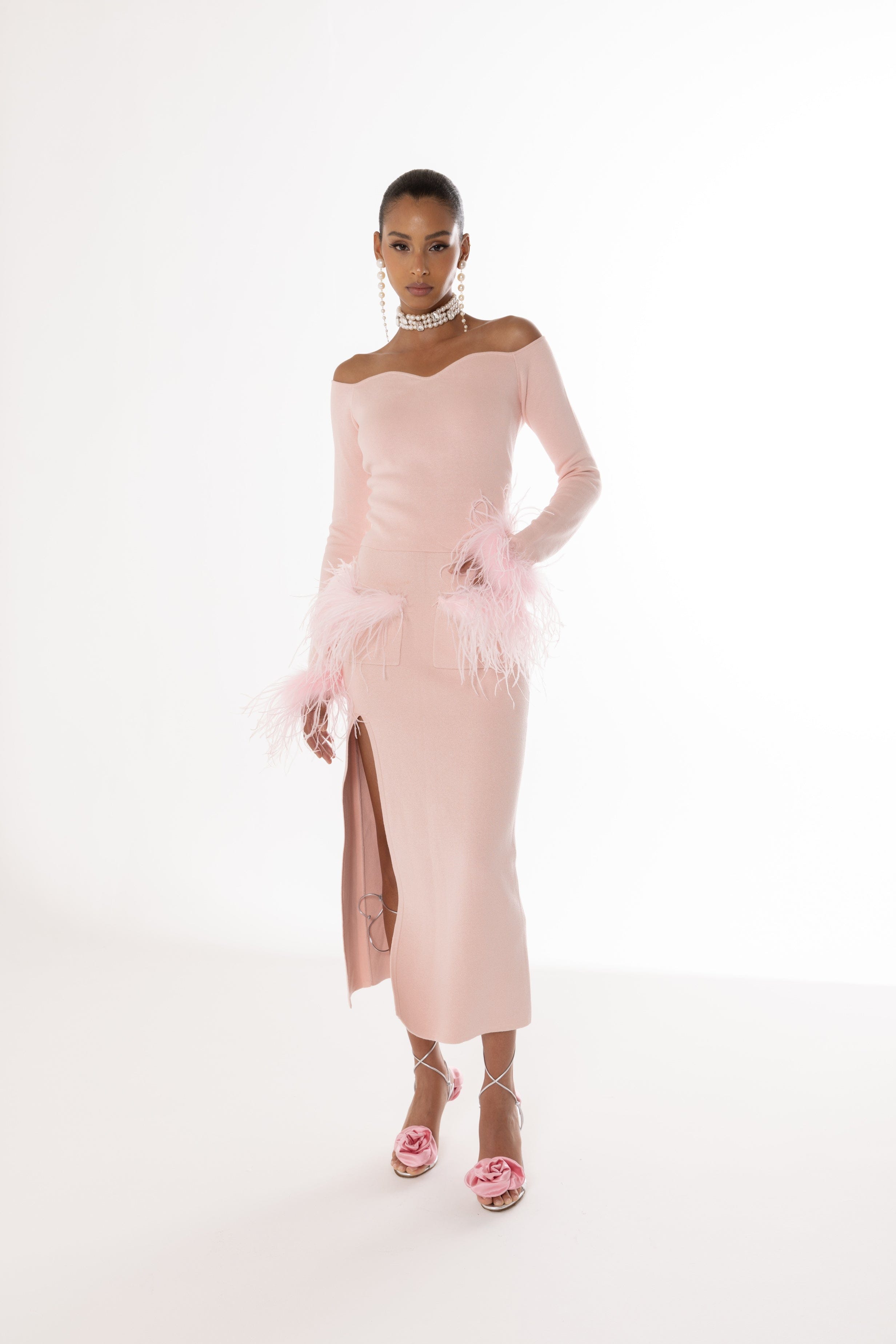 Pink Vanilla Knit Skirt With Feathers made by ANDREEVA