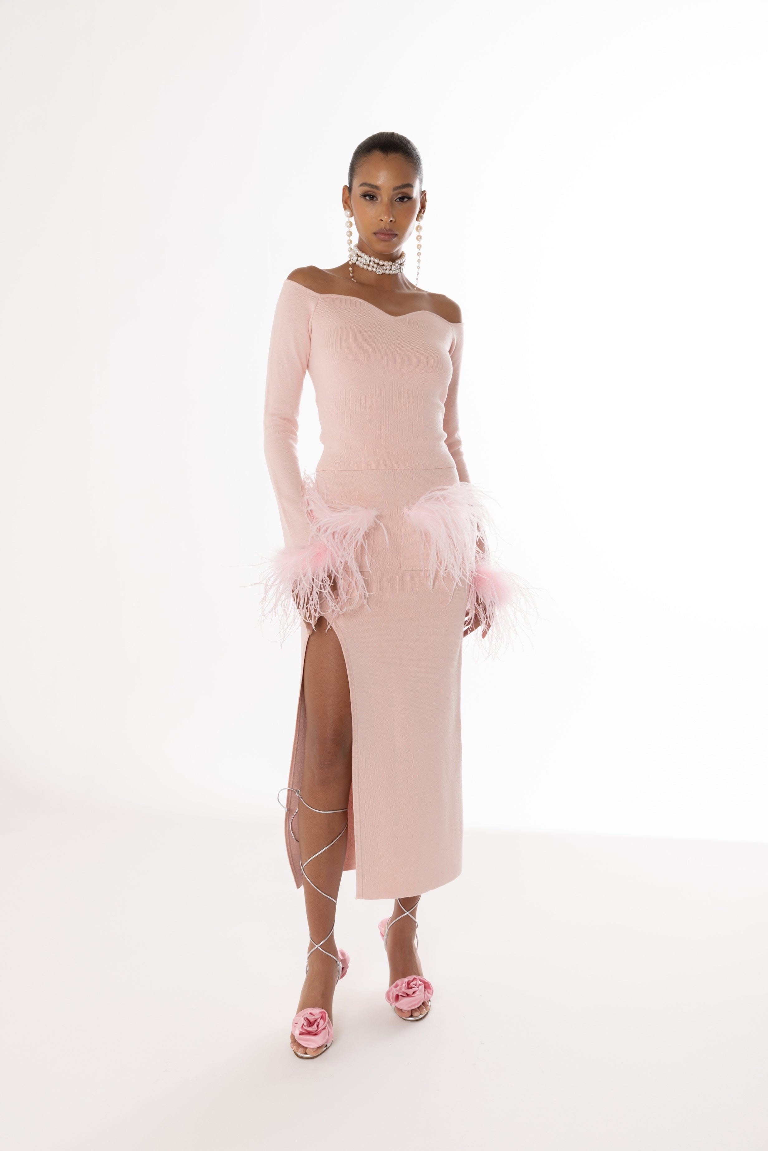 Pink Vanilla Knit Skirt With Feathers made by ANDREEVA