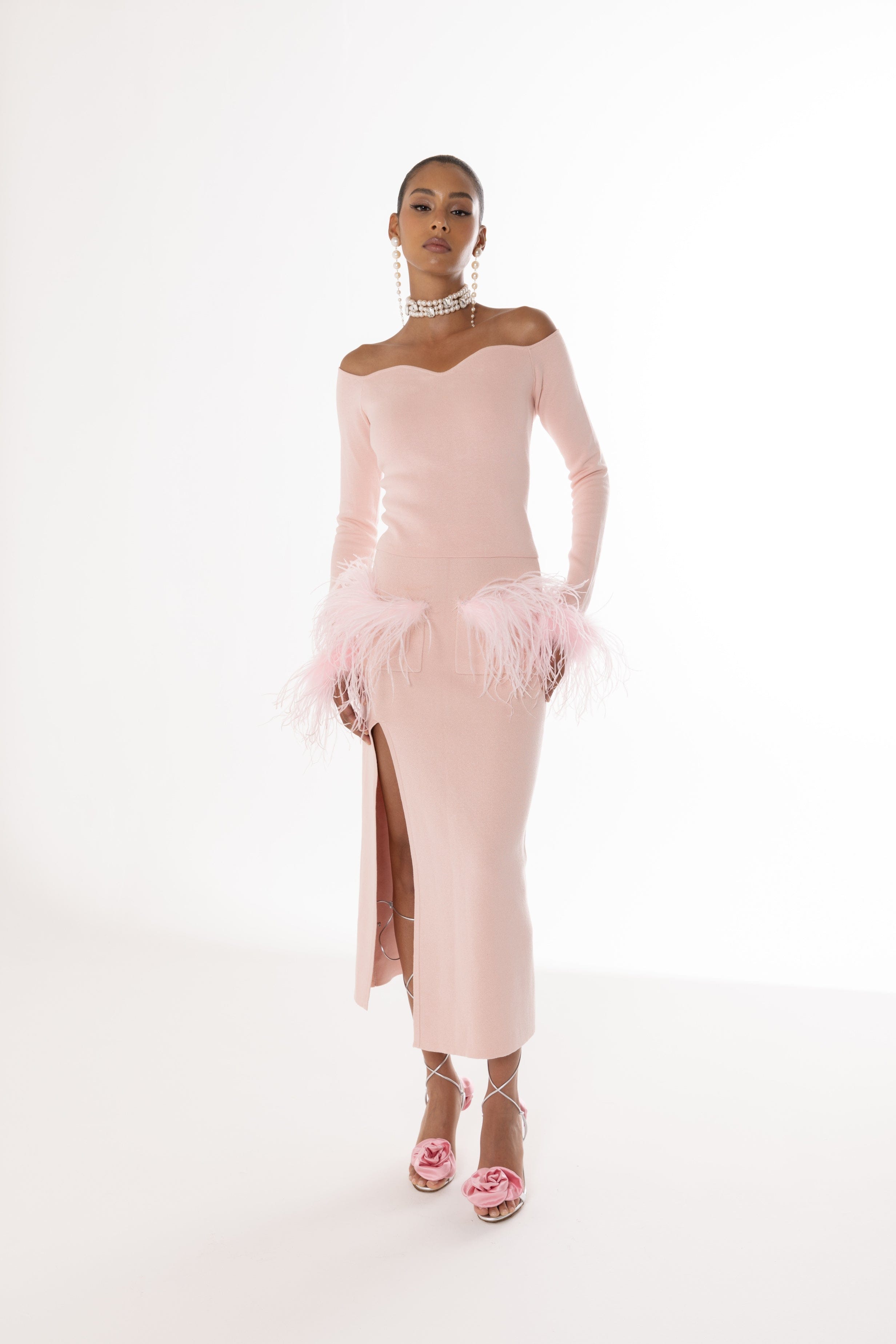 Pink Vanilla Knit Skirt With Feathers made by ANDREEVA