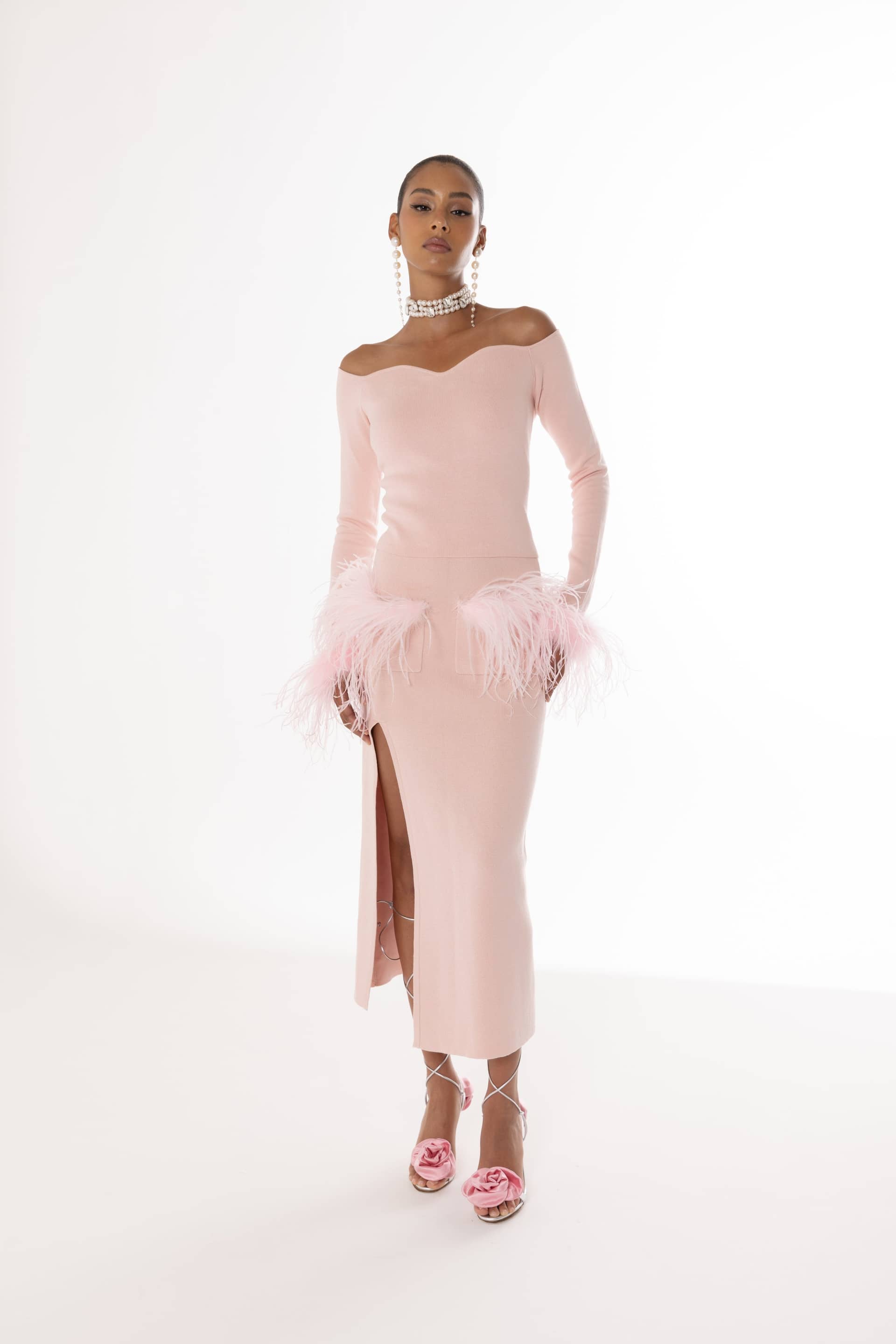 Pink Vanilla Knit Skirt With Feathers made by ANDREEVA