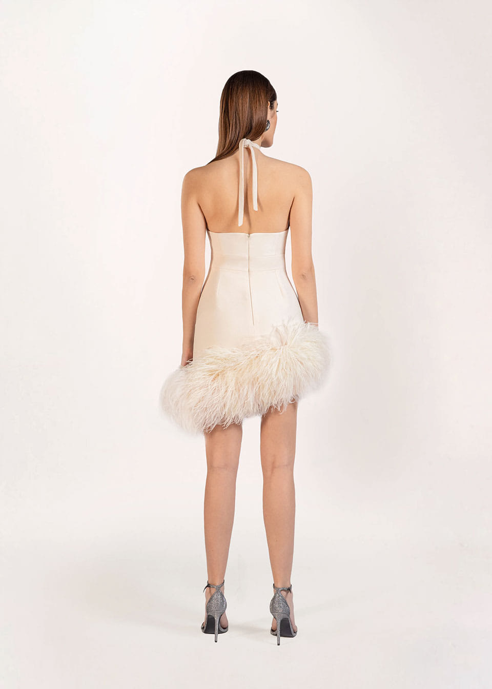 Mia feather-embellished crepe mini dress made by Monika Dimova