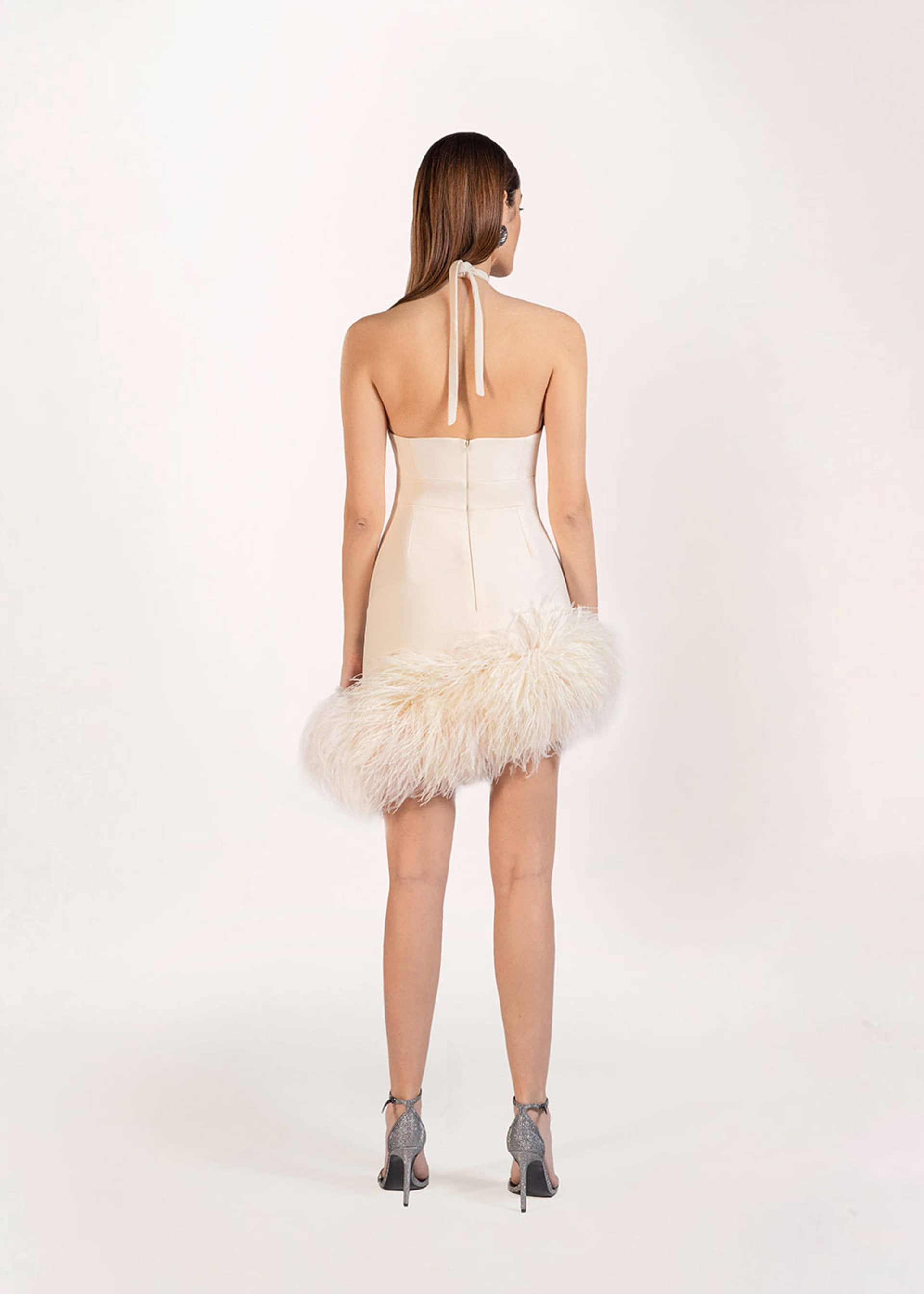 Mia feather-embellished crepe mini dress made by Monika Dimova