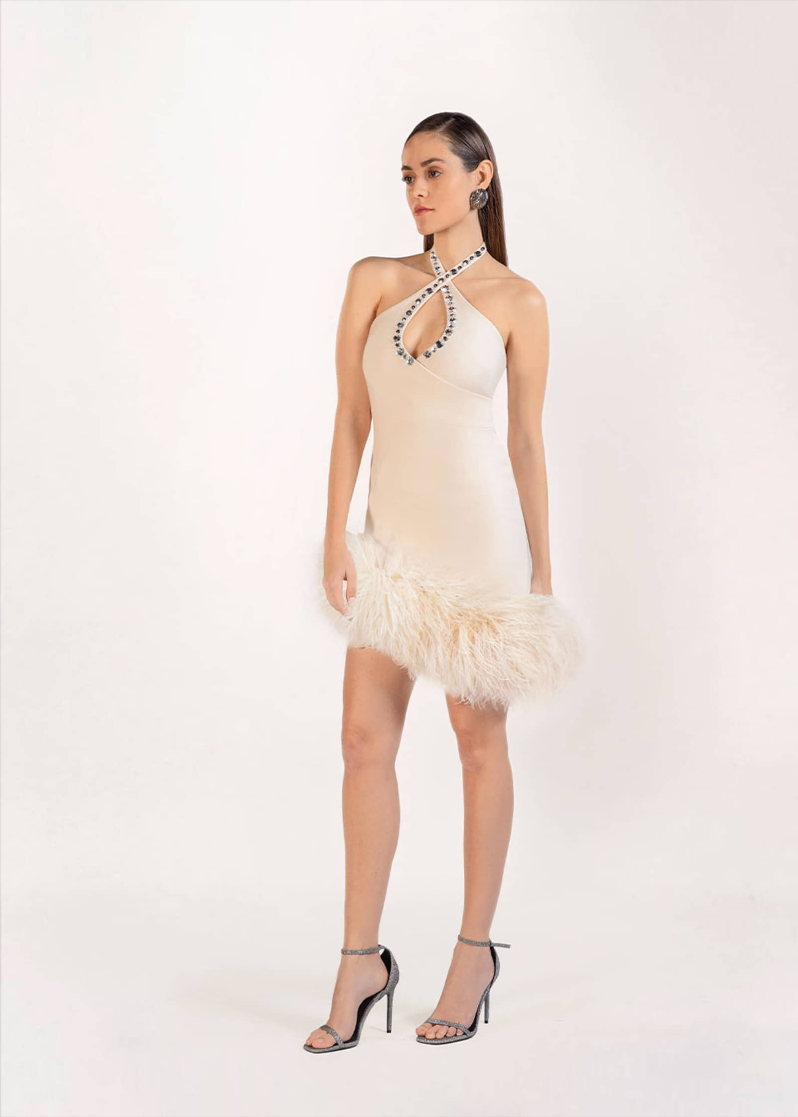 Mia feather-embellished crepe mini dress made by Monika Dimova