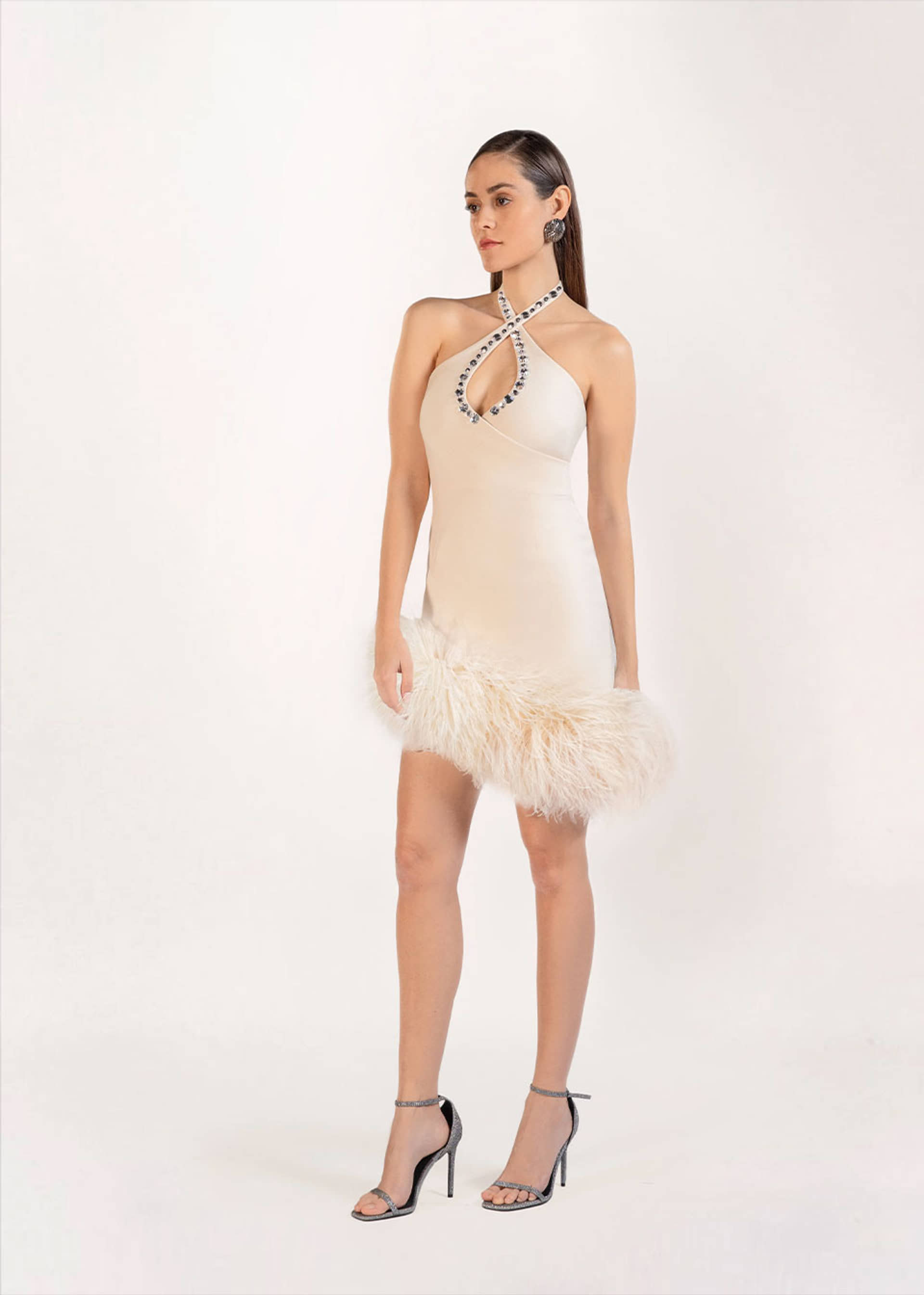 Mia feather-embellished crepe mini dress made by Monika Dimova