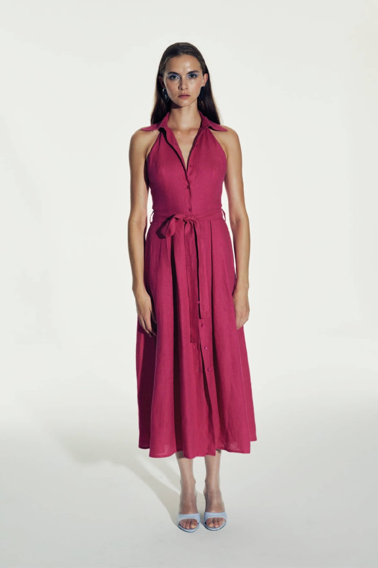 Carrie Linen Midi Dress in Berry Pink made by Nazli Ceren