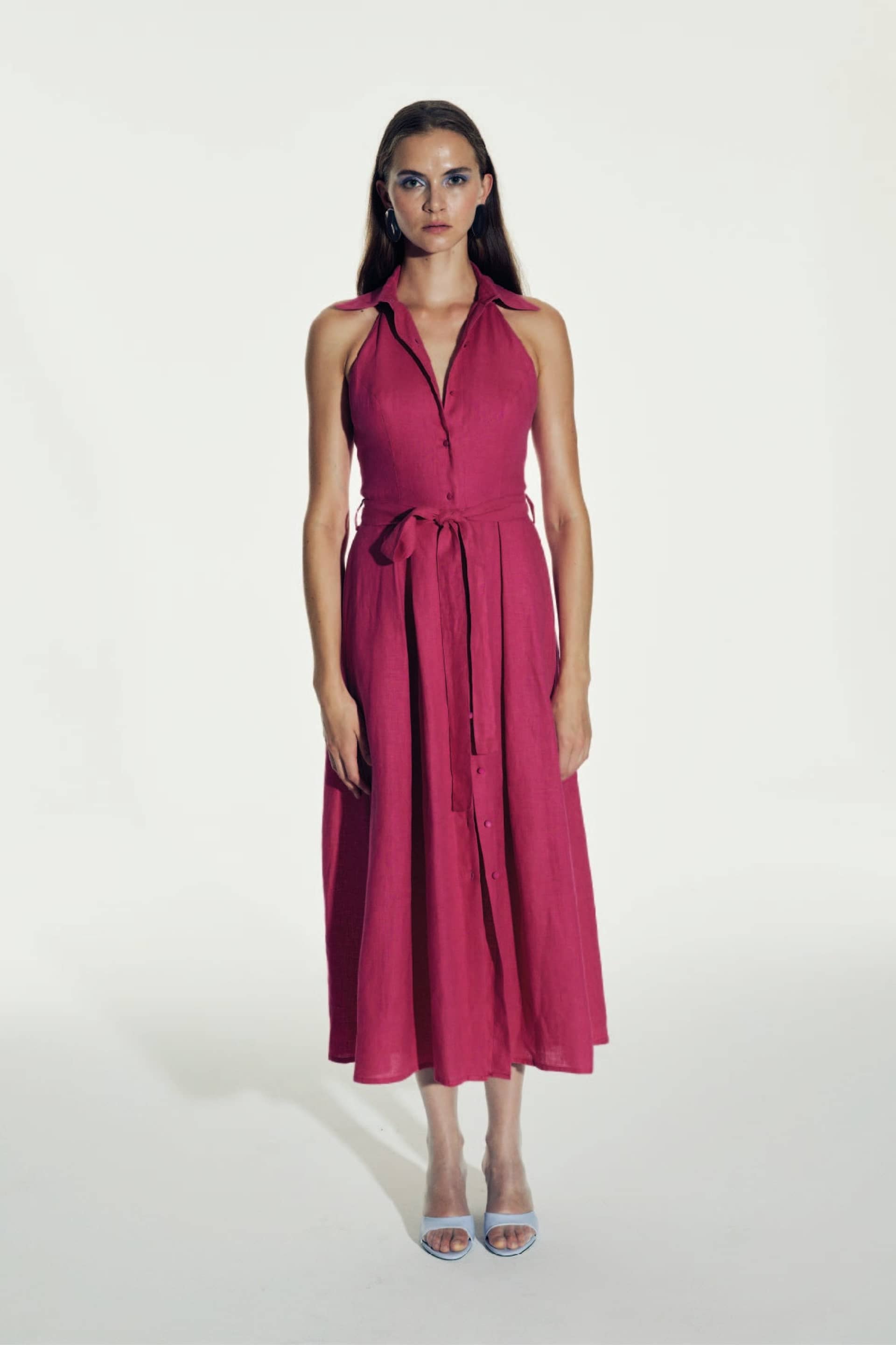 Carrie Linen Midi Dress in Berry Pink made by Nazli Ceren