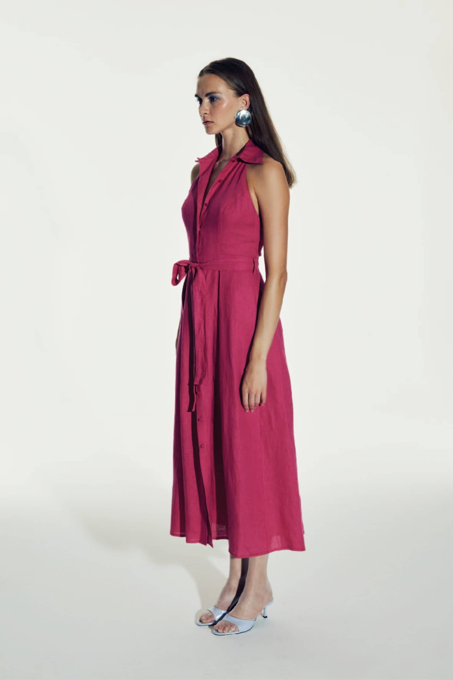 Carrie Linen Midi Dress in Berry Pink made by Nazli Ceren