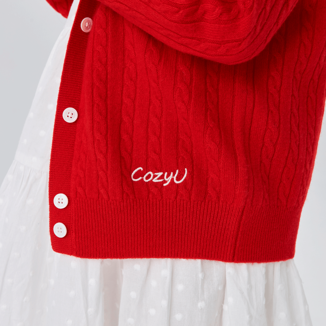 Classic Extra Fine Merino Wool Twist Knit Cardigan | Flame Red made by CozyU