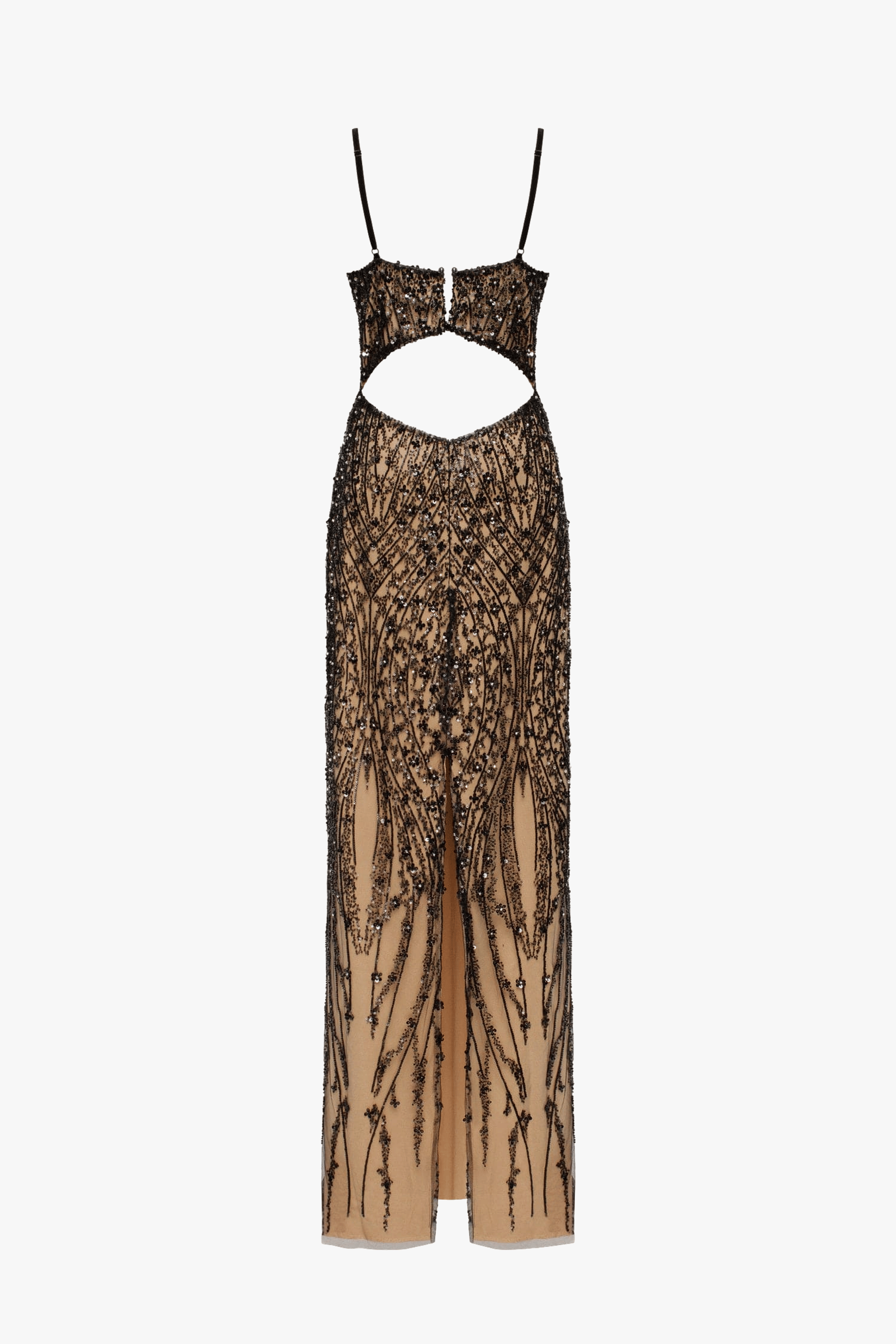 Gala-worthy beige maxi dress covered in black sequined ornament, Smoky Quartz made by Milla