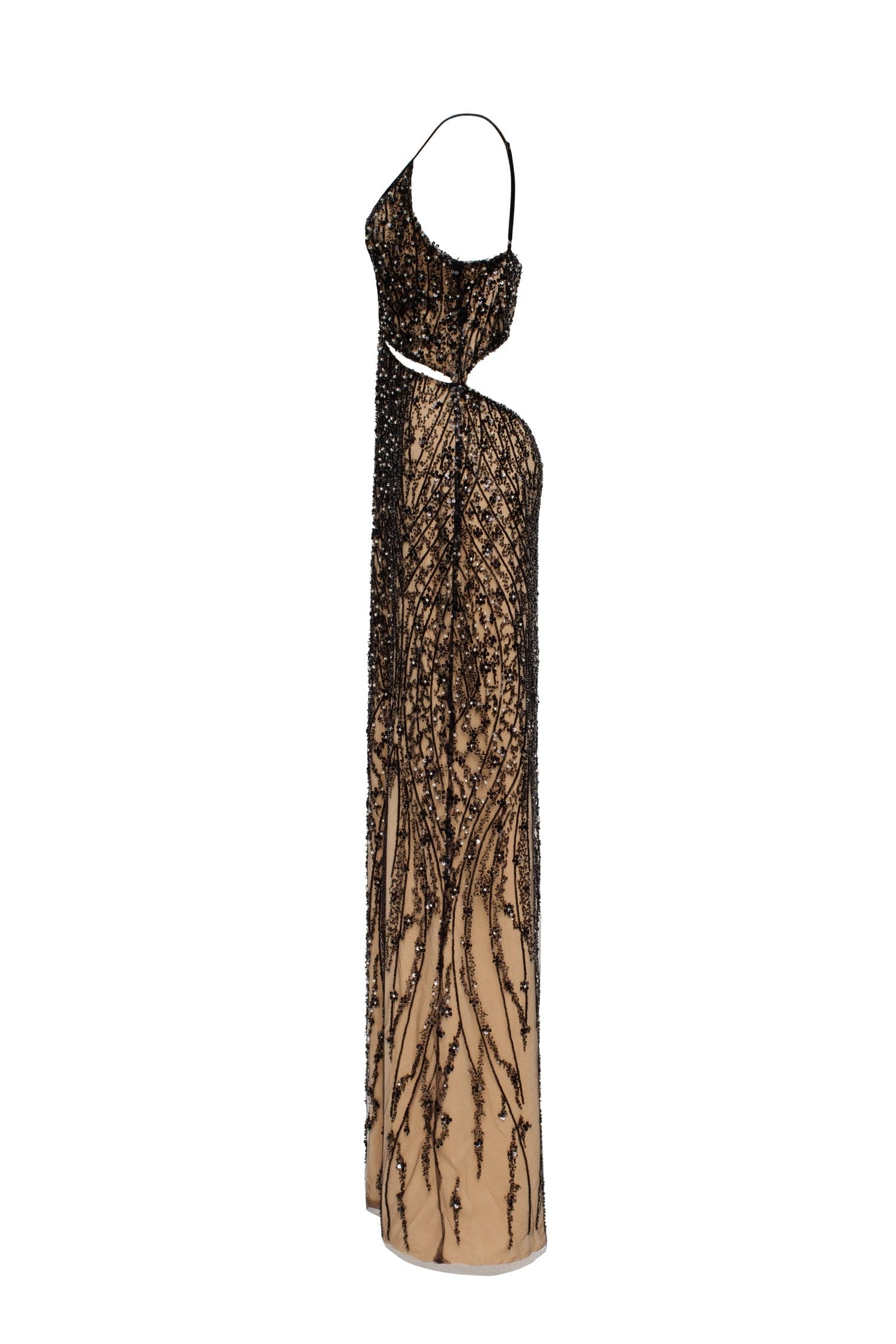 Gala-worthy beige maxi dress covered in black sequined ornament, Smoky Quartz made by Milla