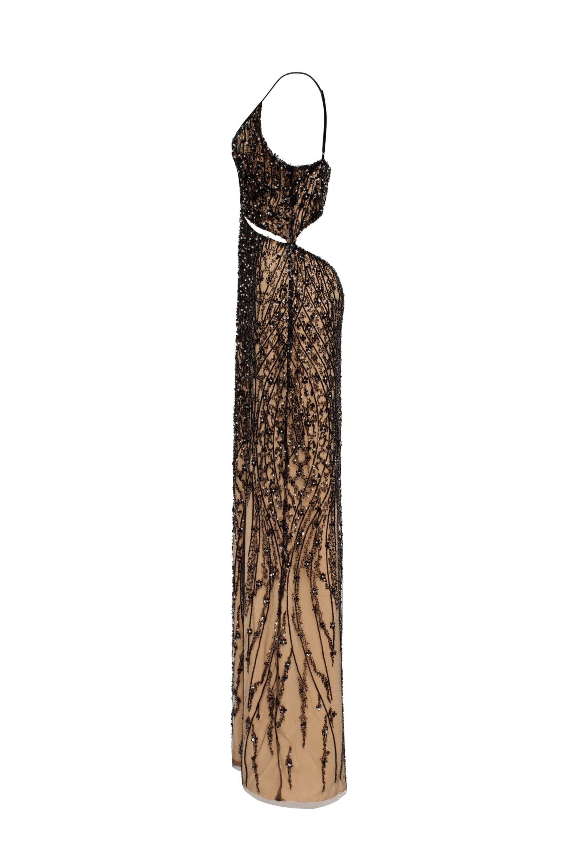 Gala-worthy beige maxi dress covered in black sequined ornament, Smoky Quartz made by Milla