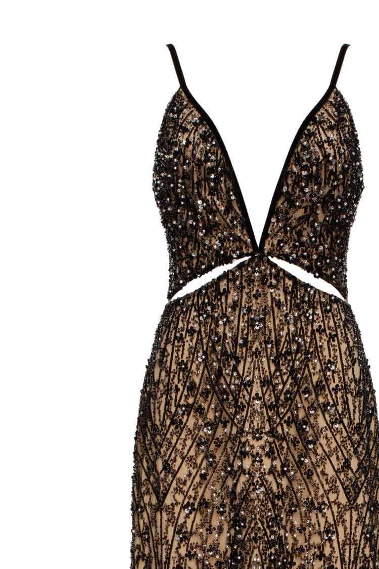 Gala-worthy beige maxi dress covered in black sequined ornament, Smoky Quartz made by Milla