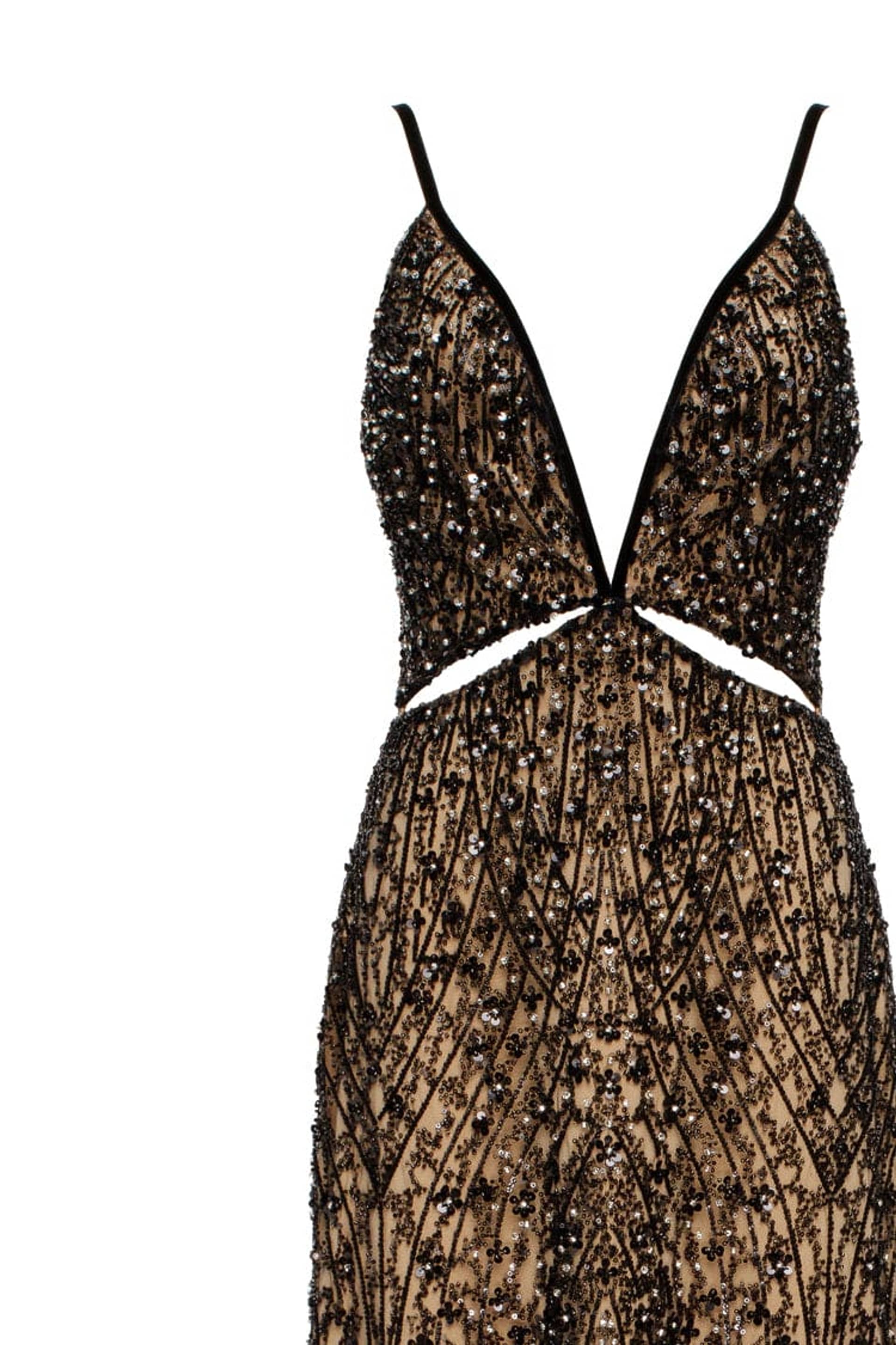 Gala-worthy beige maxi dress covered in black sequined ornament, Smoky Quartz made by Milla