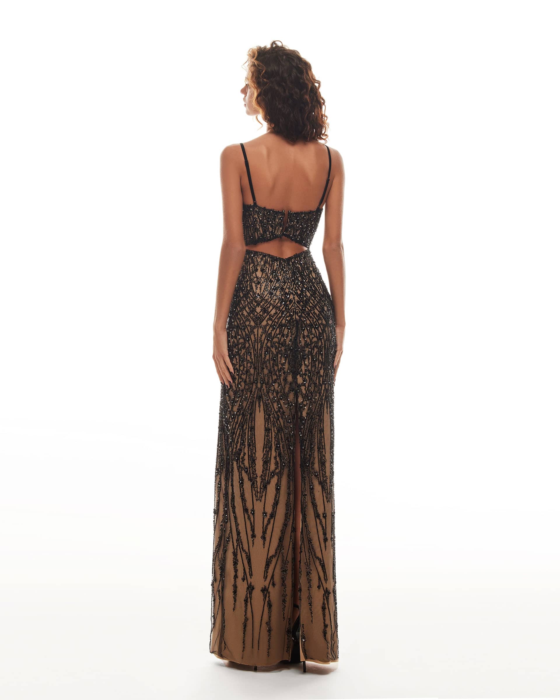 Gala-worthy beige maxi dress covered in black sequined ornament, Smoky Quartz made by Milla