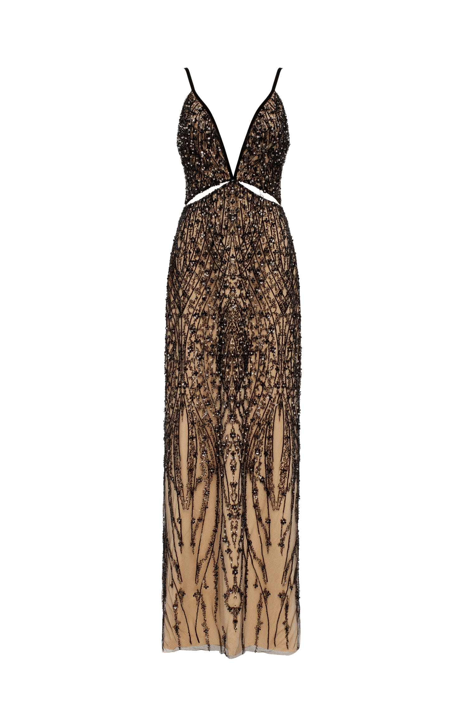 Gala-worthy beige maxi dress covered in black sequined ornament, Smoky Quartz made by Milla
