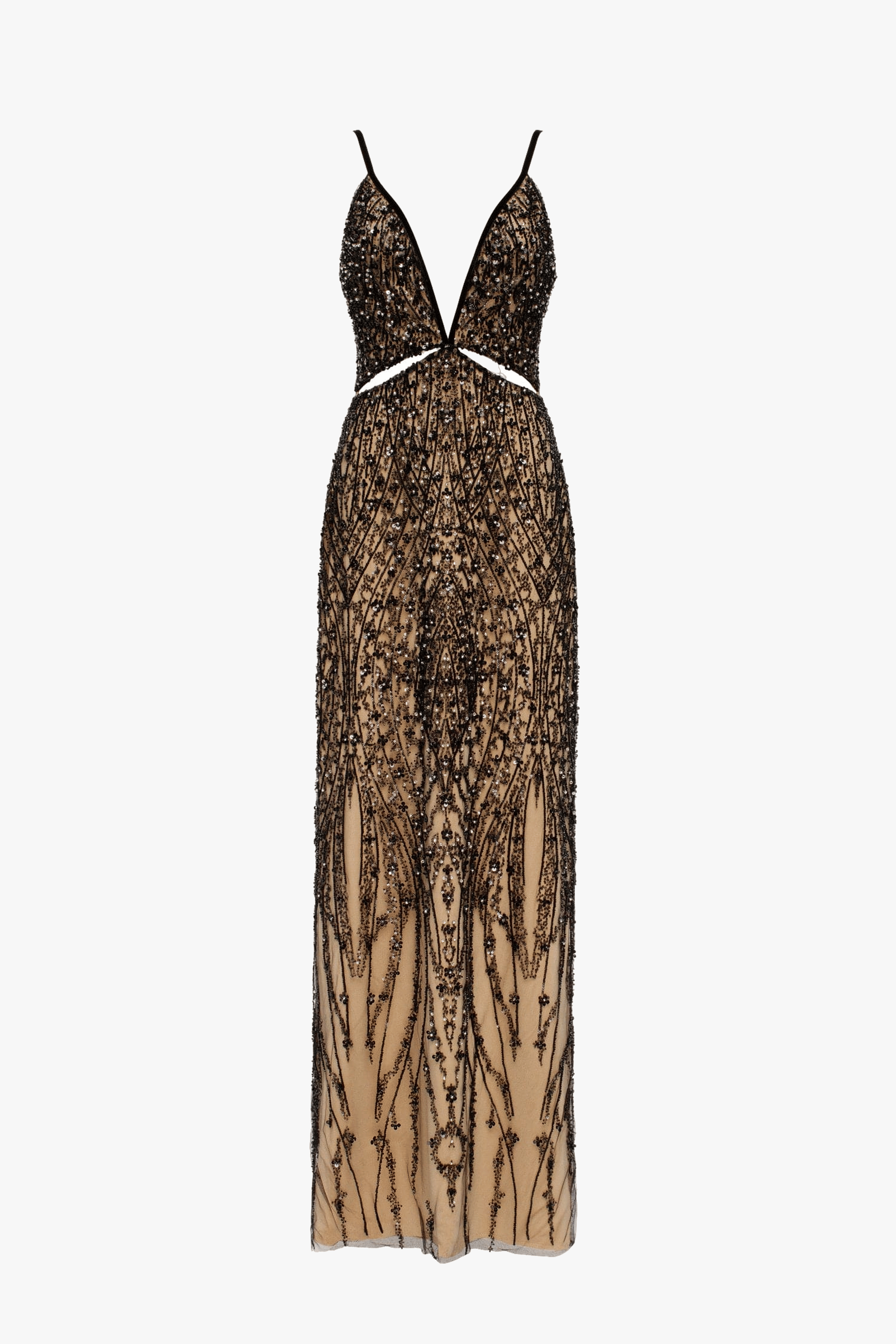 Gala-worthy beige maxi dress covered in black sequined ornament, Smoky Quartz made by Milla