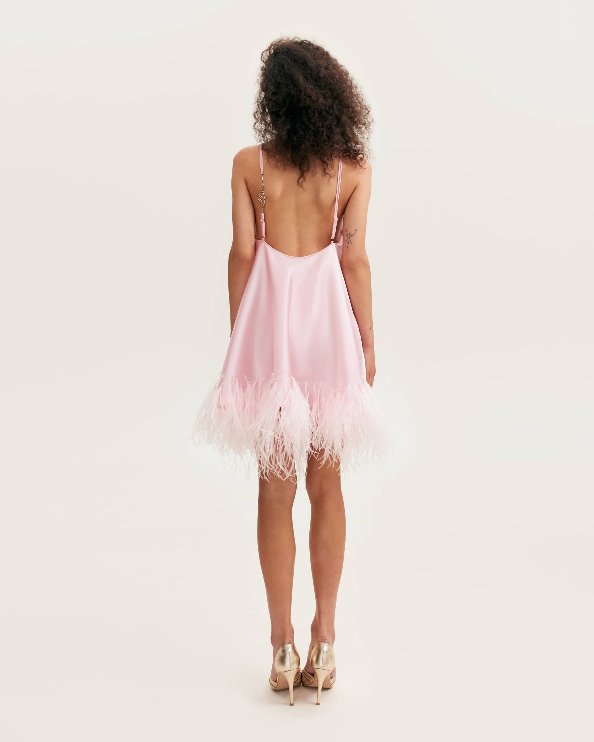 Bohemian pink feather-trimmed slip mini dress, Xo Xo made by Milla