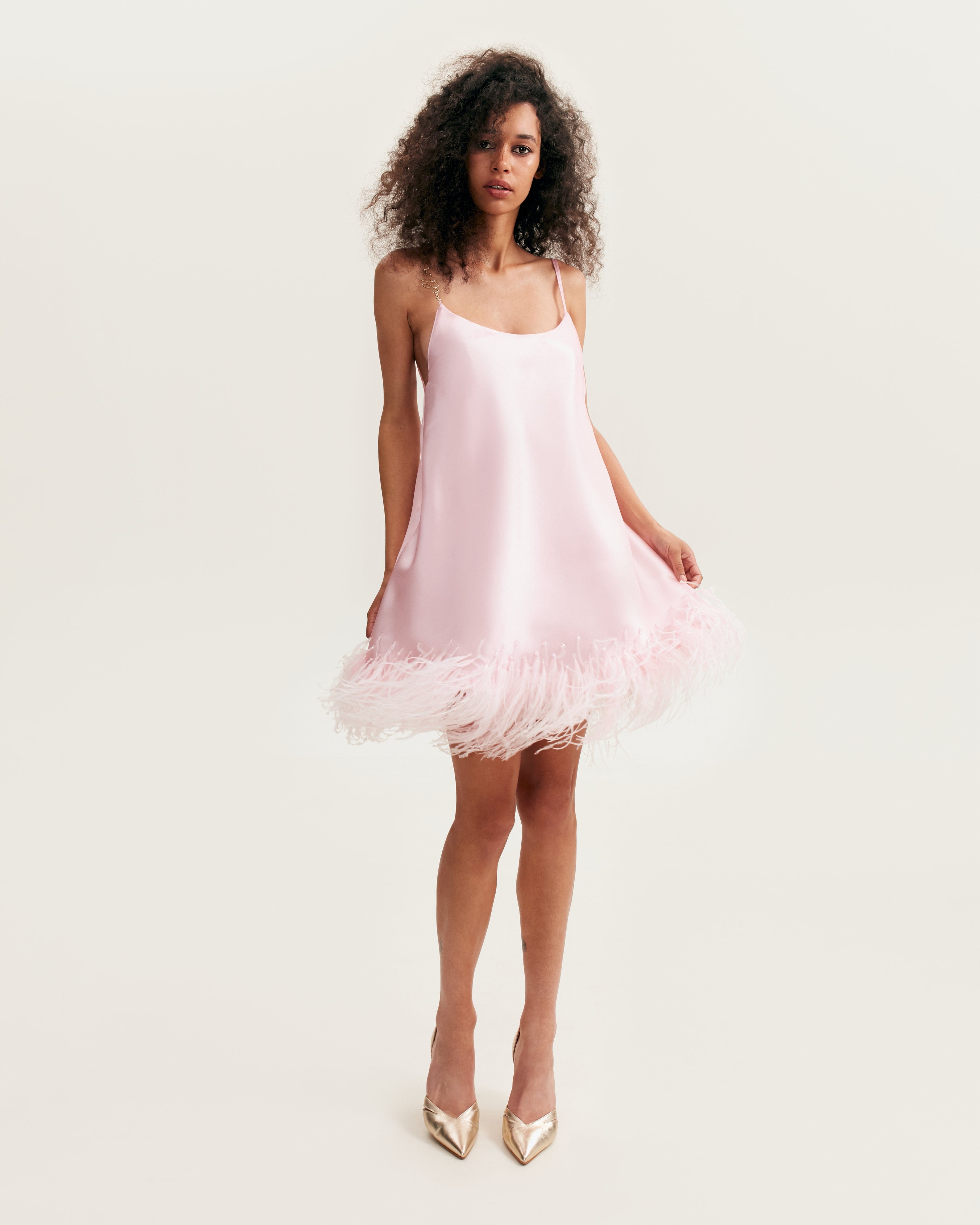 Bohemian pink feather-trimmed slip mini dress, Xo Xo made by Milla
