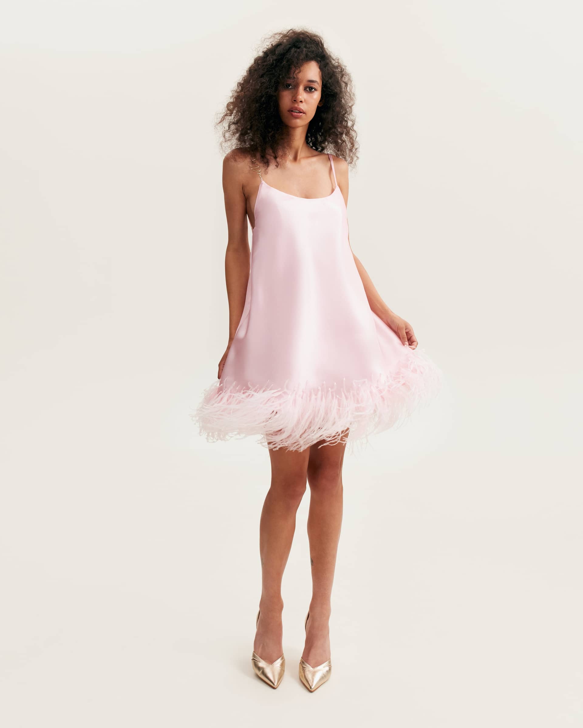 Bohemian pink feather-trimmed slip mini dress, Xo Xo made by Milla