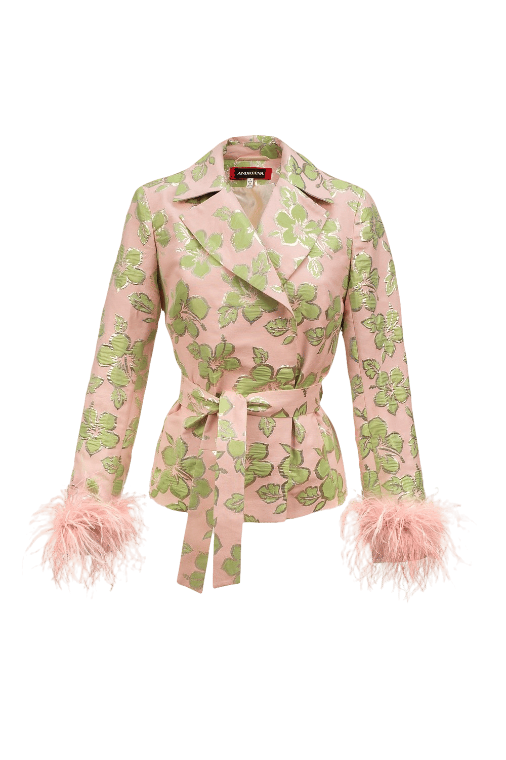 Pink Jacquard Jacket №19 with detachable feather cuffs made by ANDREEVA