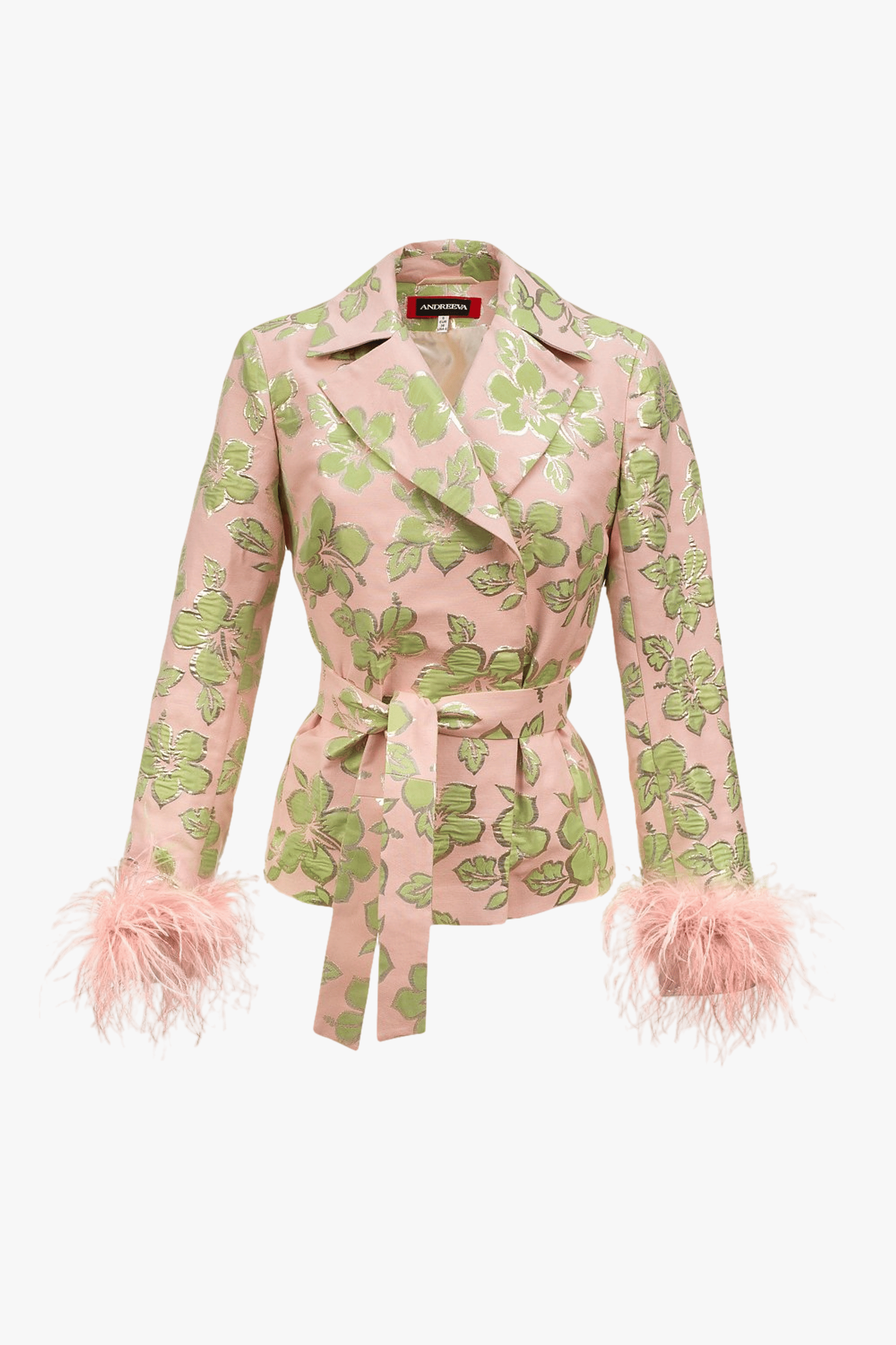 Pink Jacquard Jacket №19 with detachable feather cuffs made by ANDREEVA