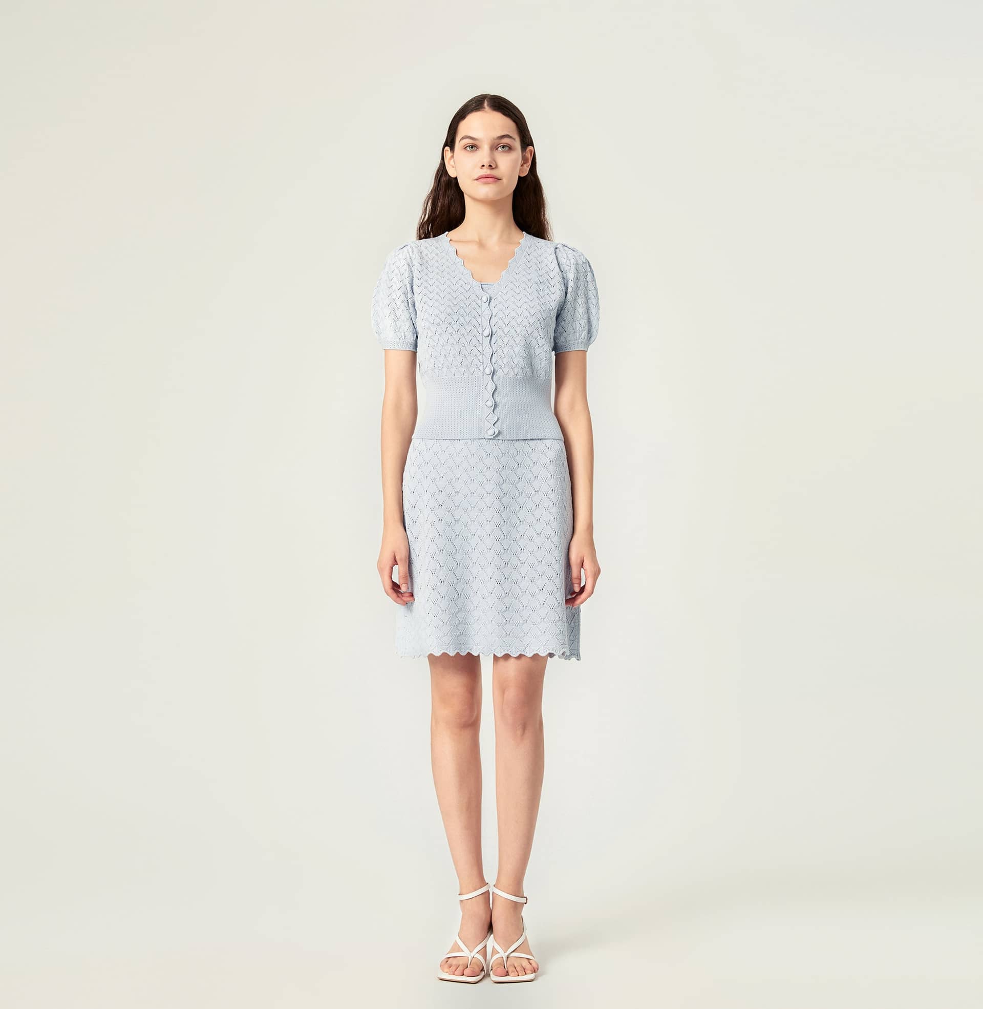 SHELL-HEM HOLLOW OUT SILK AND COTTON SKIRT in Blue made by CRUSH Collection