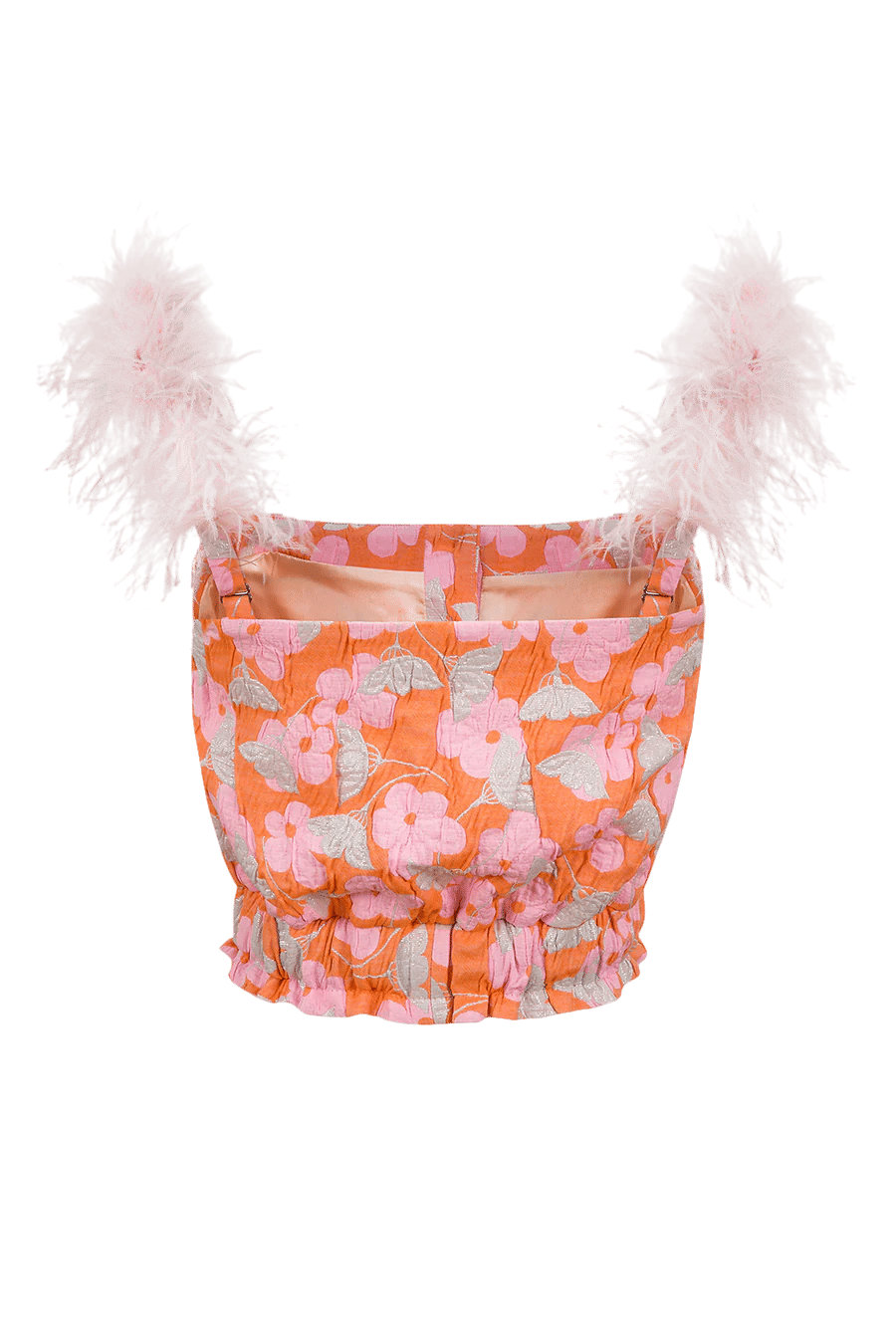 Pink flower top with feather details and pearl buttons in Pink made by ANDREEVA