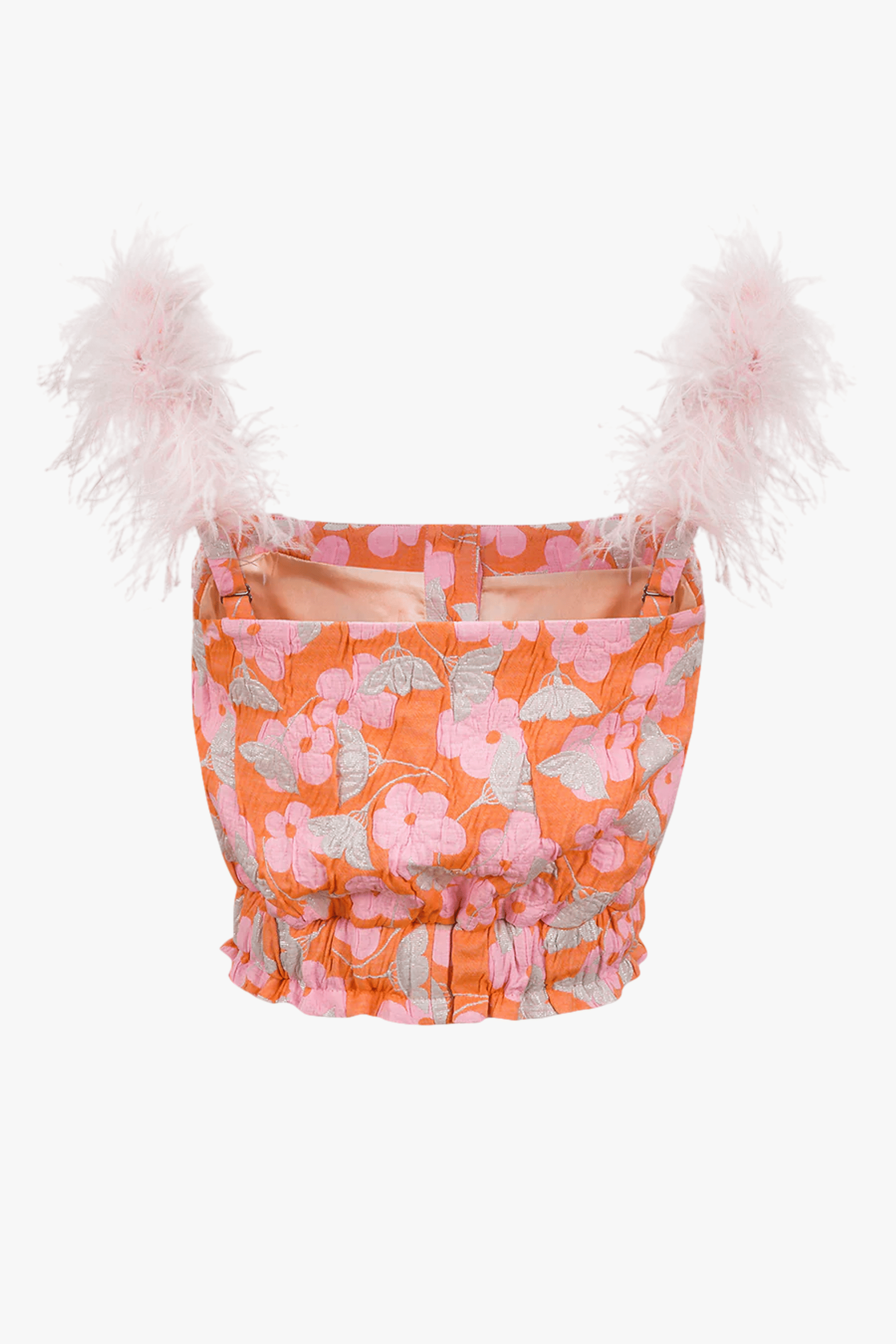 Pink flower top with feather details and pearl buttons in Pink made by ANDREEVA