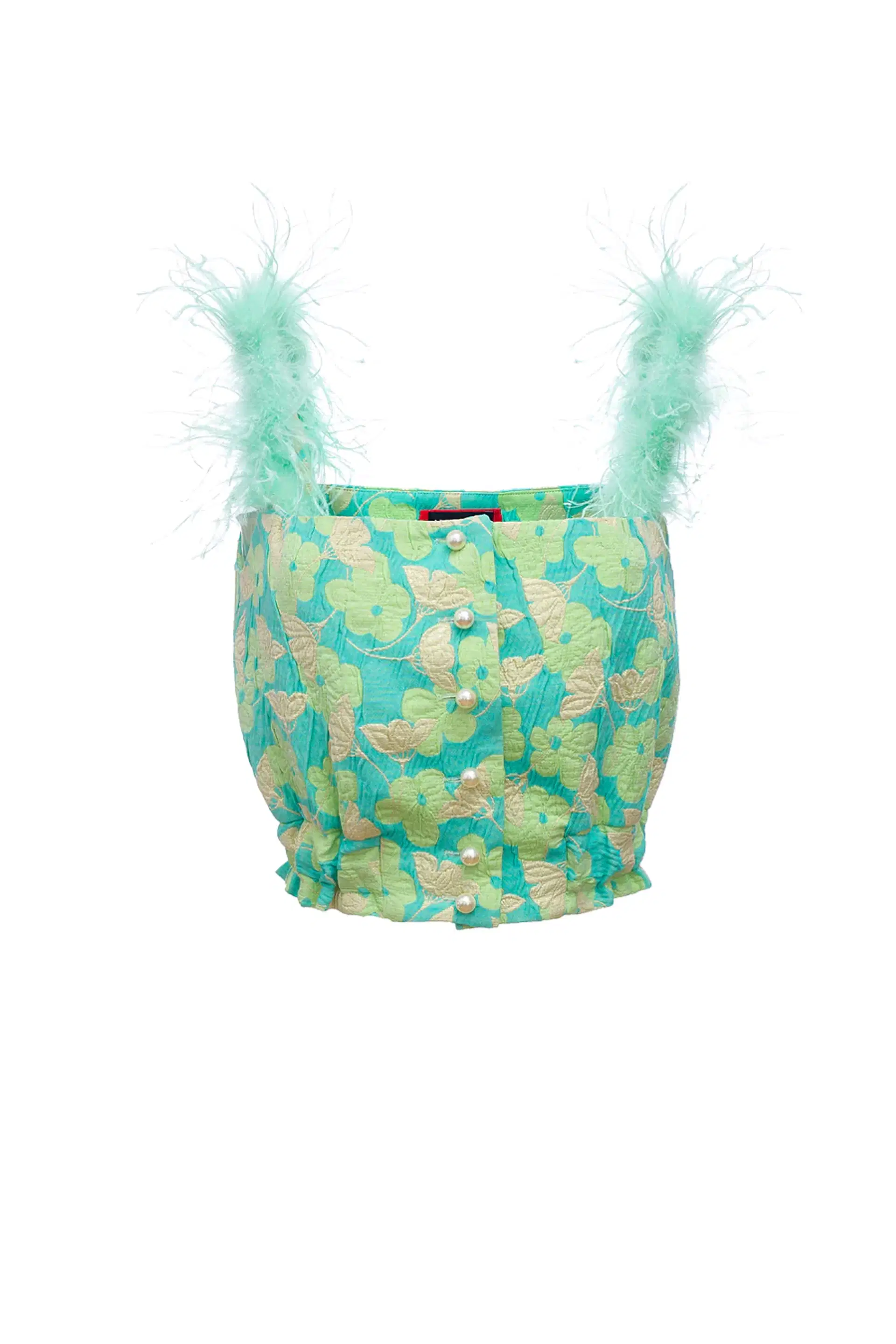 Pink flower top with feather details and pearl buttons in Blue made by ANDREEVA