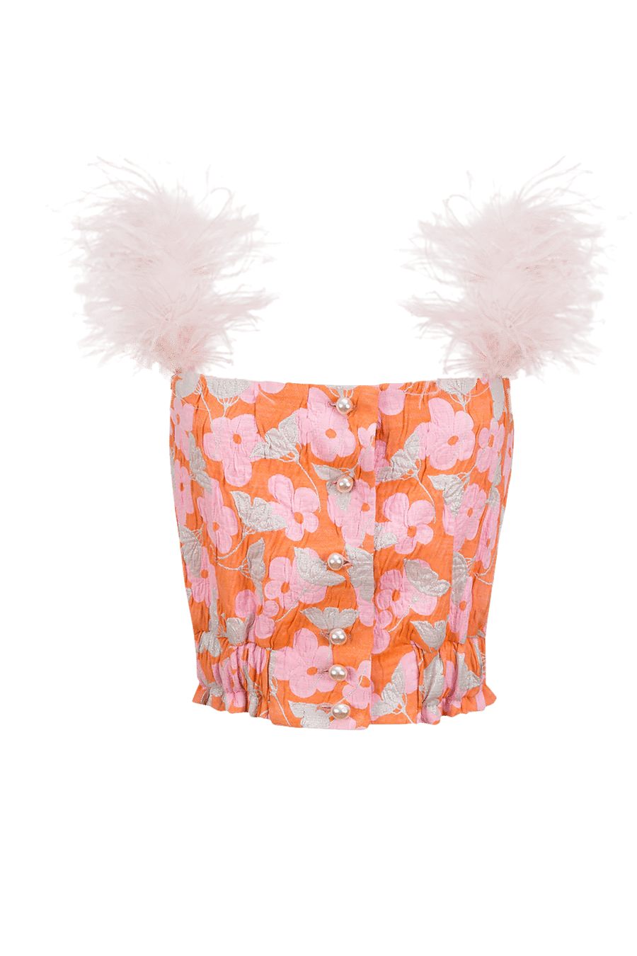 Pink flower top with feather details and pearl buttons in Pink made by ANDREEVA