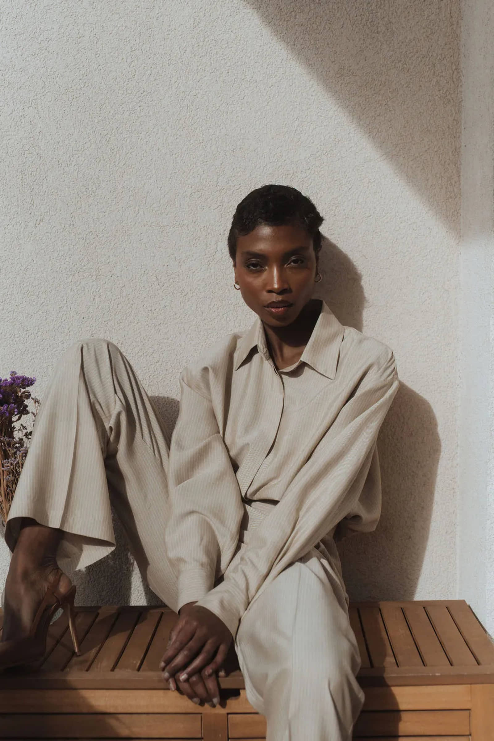 Beige striped silk shirt for women made by MORACÉE