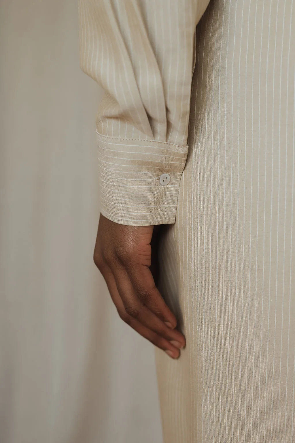 Beige striped silk shirt for women made by MORACÉE